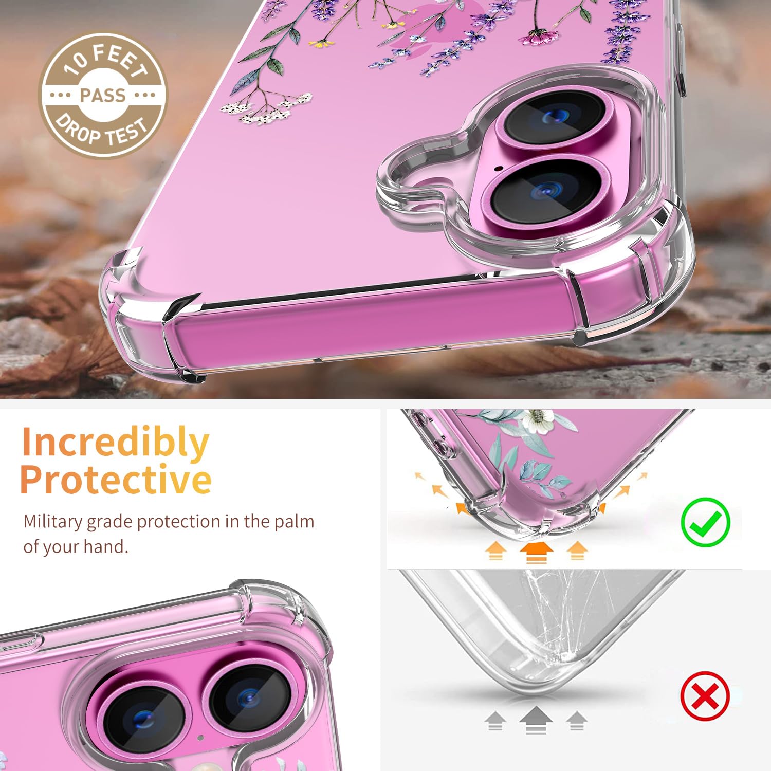 Custodia per iPhone 16, 3 in 1 per schermo e lenti protettive, cover | Morbido materiale TPU, design floreale, antiurto, progettato per donne e ragazze, giardino di lavanda