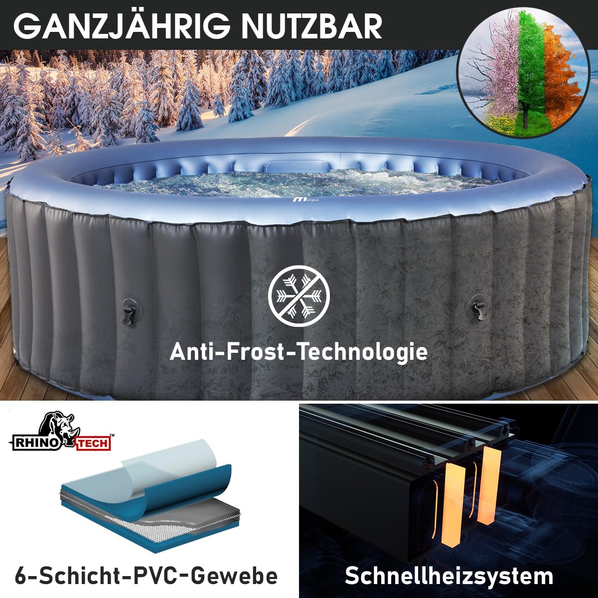 BRAST Whirlpool aufblasbar MSpa Bergen für 4-8 Personen | viele Größen Ø180-224cm | In- Outdoor Pool | Ganzjähriger Einsatz | bis zu 144 Massagedüsen | Stromsparend inkl. Energiespar-Timer | Bergen 4