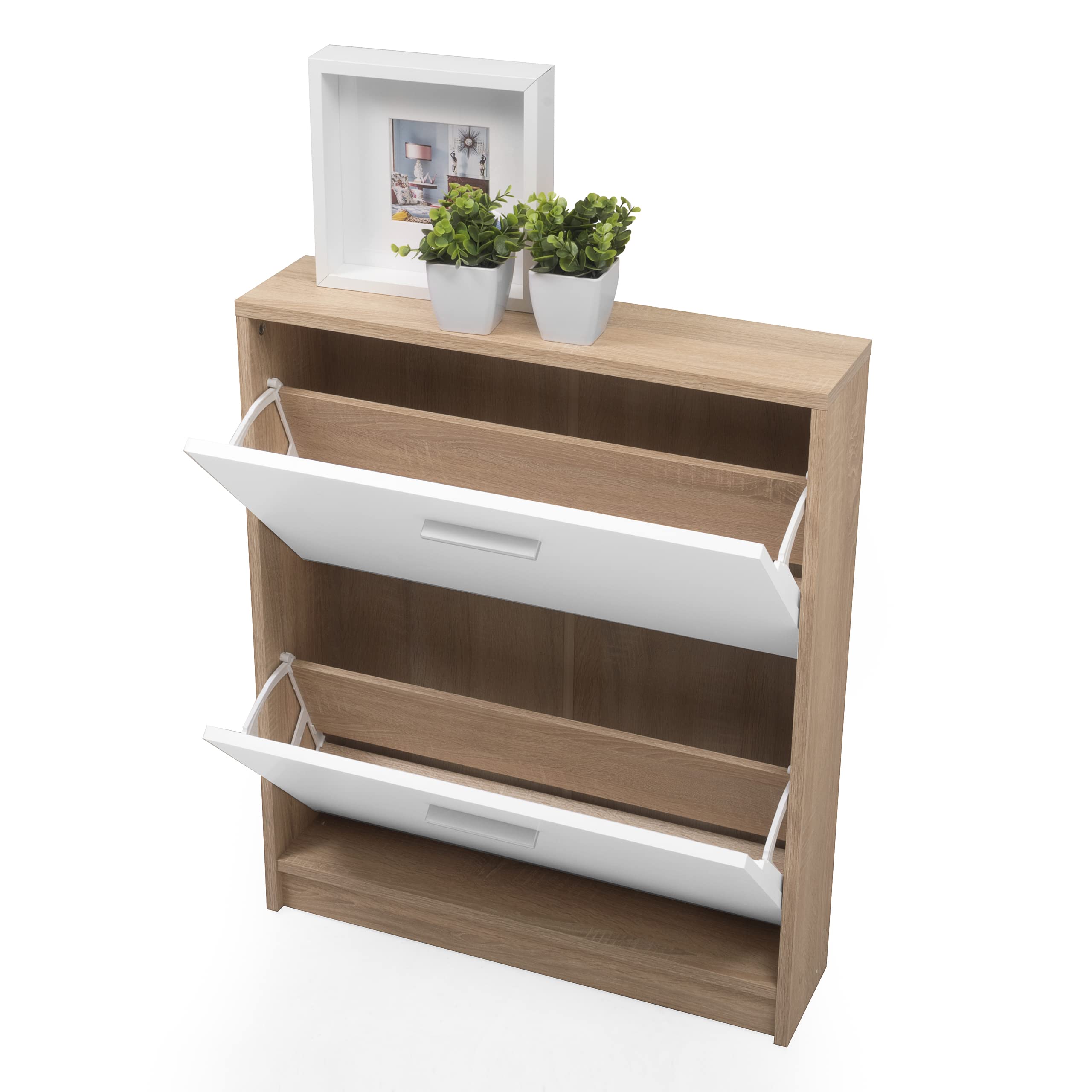 Homely - Mueble Zapatero KENTO | Diseño Moderno, Diseño Nórdico | Zapatero para Habitación, Hall, Dormitorio, Entrada | 2 Puertas abatibles | 69,5x17,5x84 cm | Color cambrián y Blanco