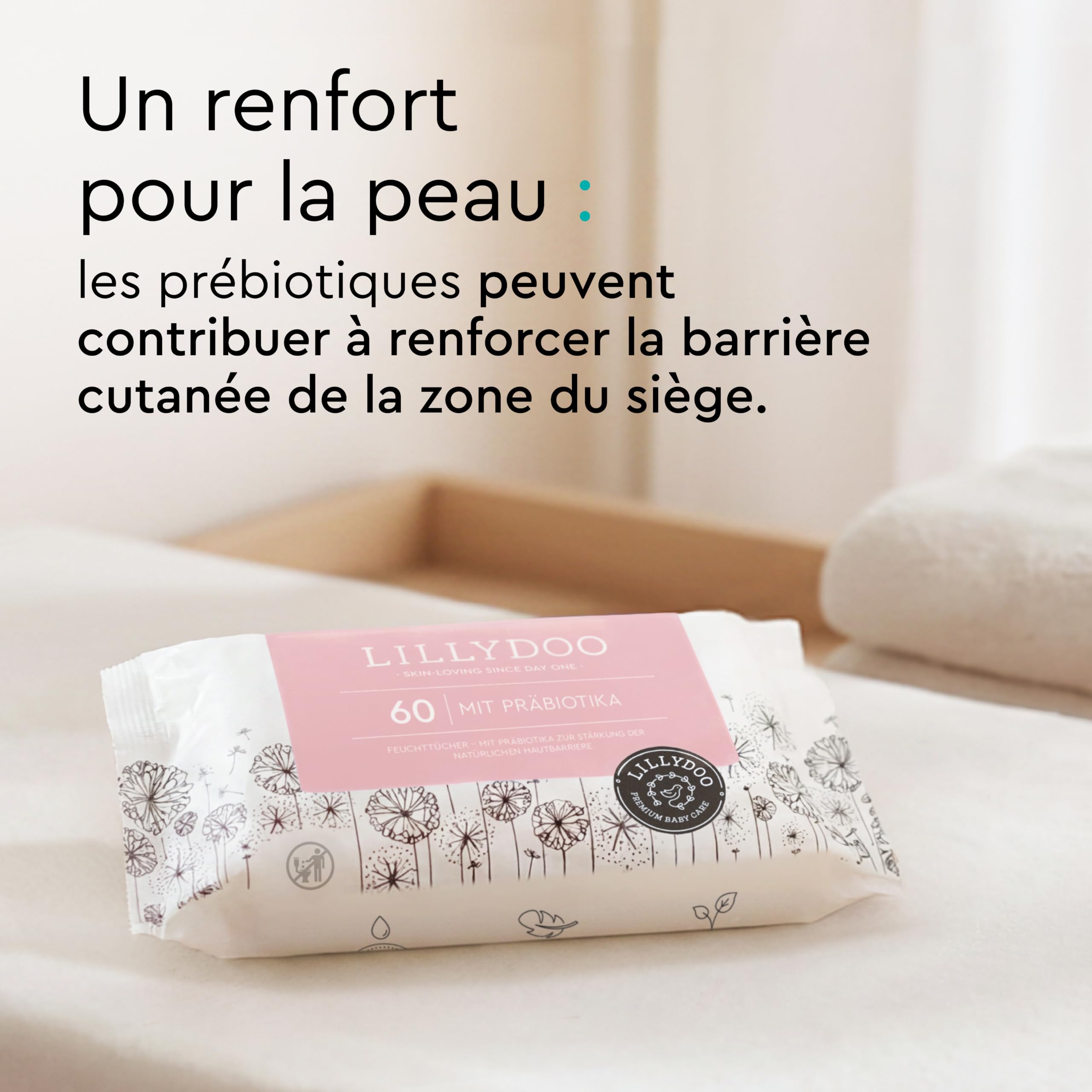 Lingettes avec prébiotiques LILLYDOO, 600 unités (10x60), renforcent la barrière naturelle de la peau, tissu 100% sans plastique, douces et sans parfum, testées dermatologiquement