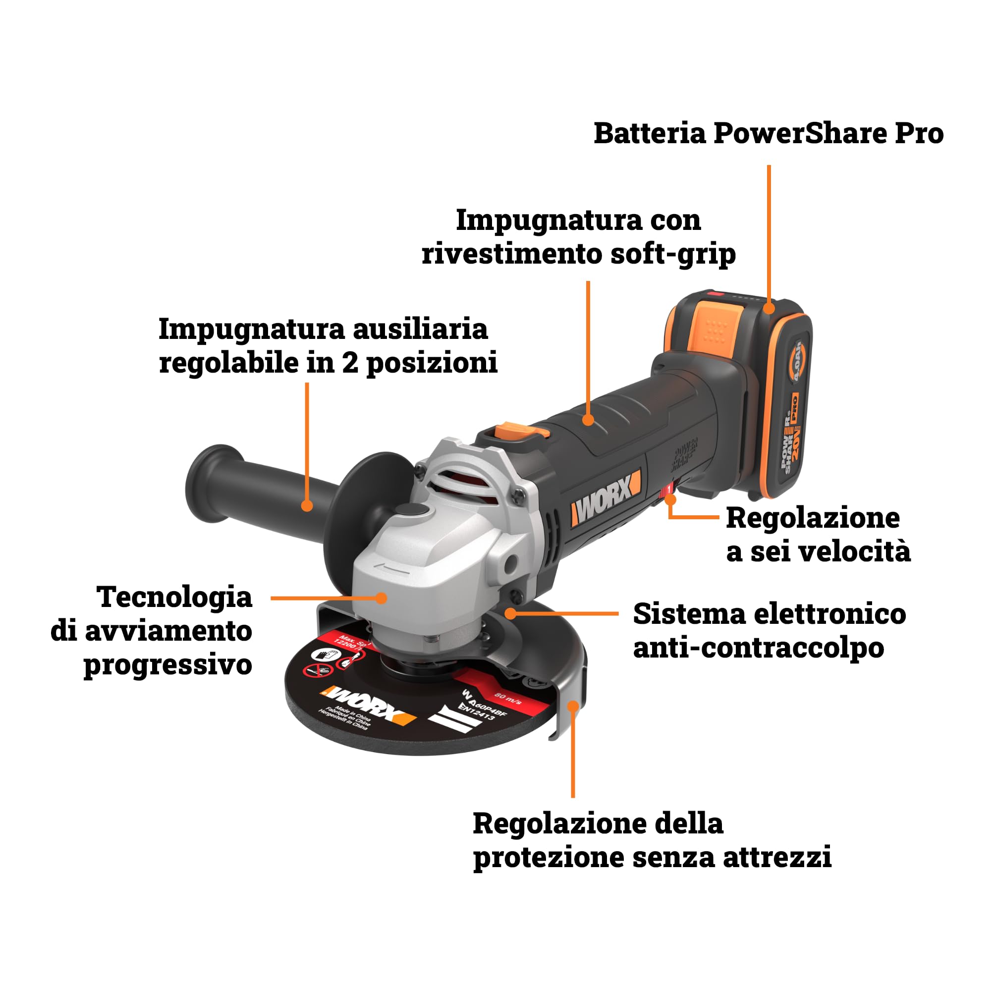 WORX WX807.9 Smerigliatrice angolare a batteria 20V, disco da 125 mm, 6 velocità da 2.500 a 11.000 giri/min, cuffia di protezione a regolazione rapida, batteria e caricabatterie non inclusi