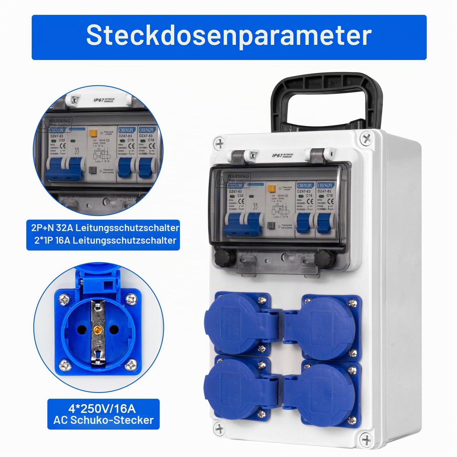 Baustromverteiler,Stromverteiler mit FI Schalter 2P+N 32A, Wandverteiler mit 4 AC Schuko Stecker 250V/16A,Aufputz Verteiler für Bauwesen,Industriell,Draußen