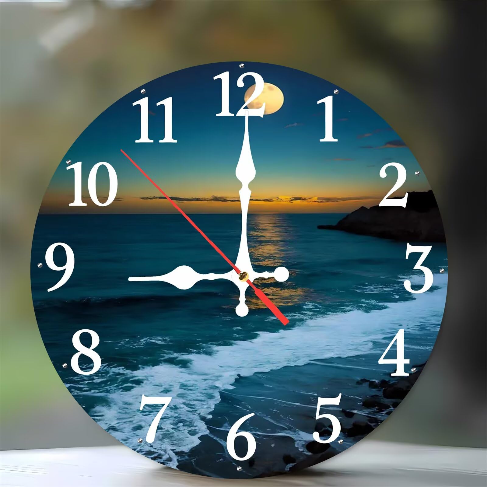 Horloge murale silencieuse lune bleue 35 cm en bois sans tic-tac pour chambre