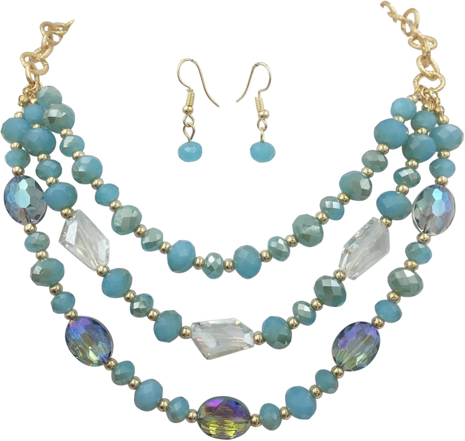 Gypsy Jewels 3 Row Layered Beveled Glass Beaded Boutique Style Necklace And Dangle Earrings Set