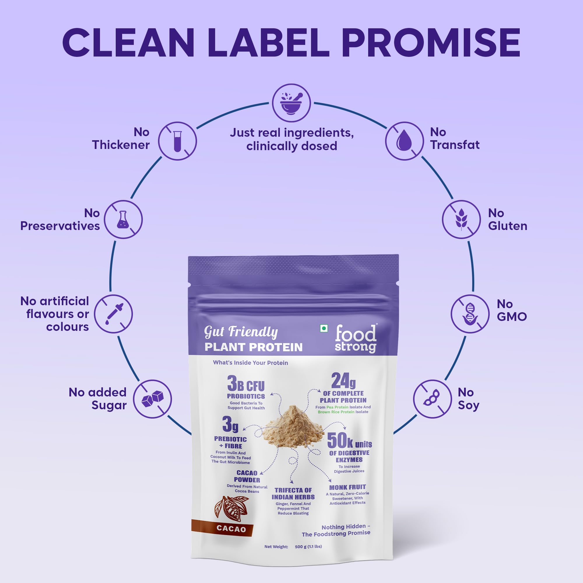 Foodstrong Gut Friendly Plant Protein - Chocolate (Cacao) | 24g Complete Plant Protein with Probiotics, Digestive Enzymes, Prebiotics & Indian Herbs | Vegan | No Sugar | 500g — Amazon image 9