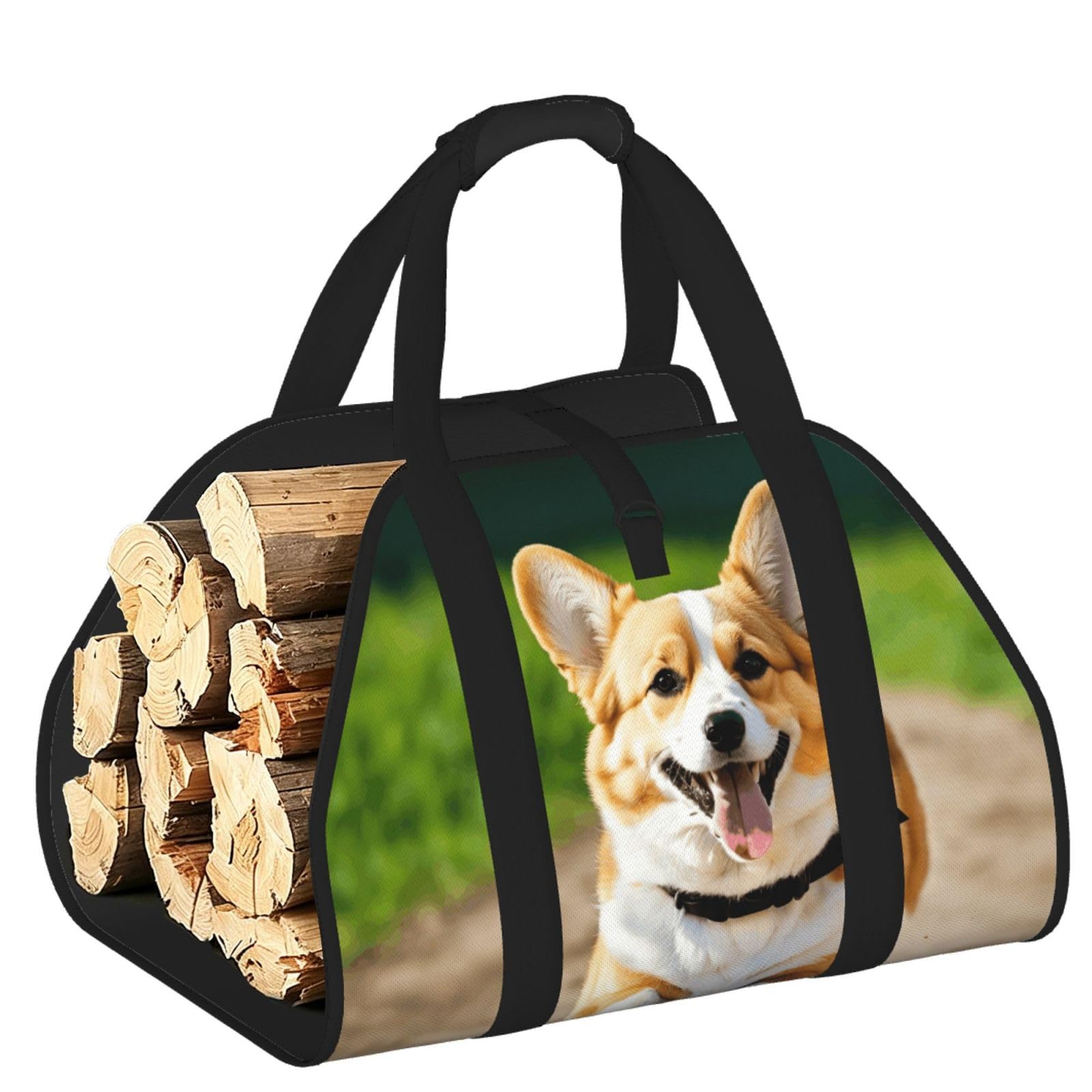 Pphgut Black Cute Corgi Print Firewood Bag Wood Carrier Transport Sack Camping Picnic Storage Daily Home