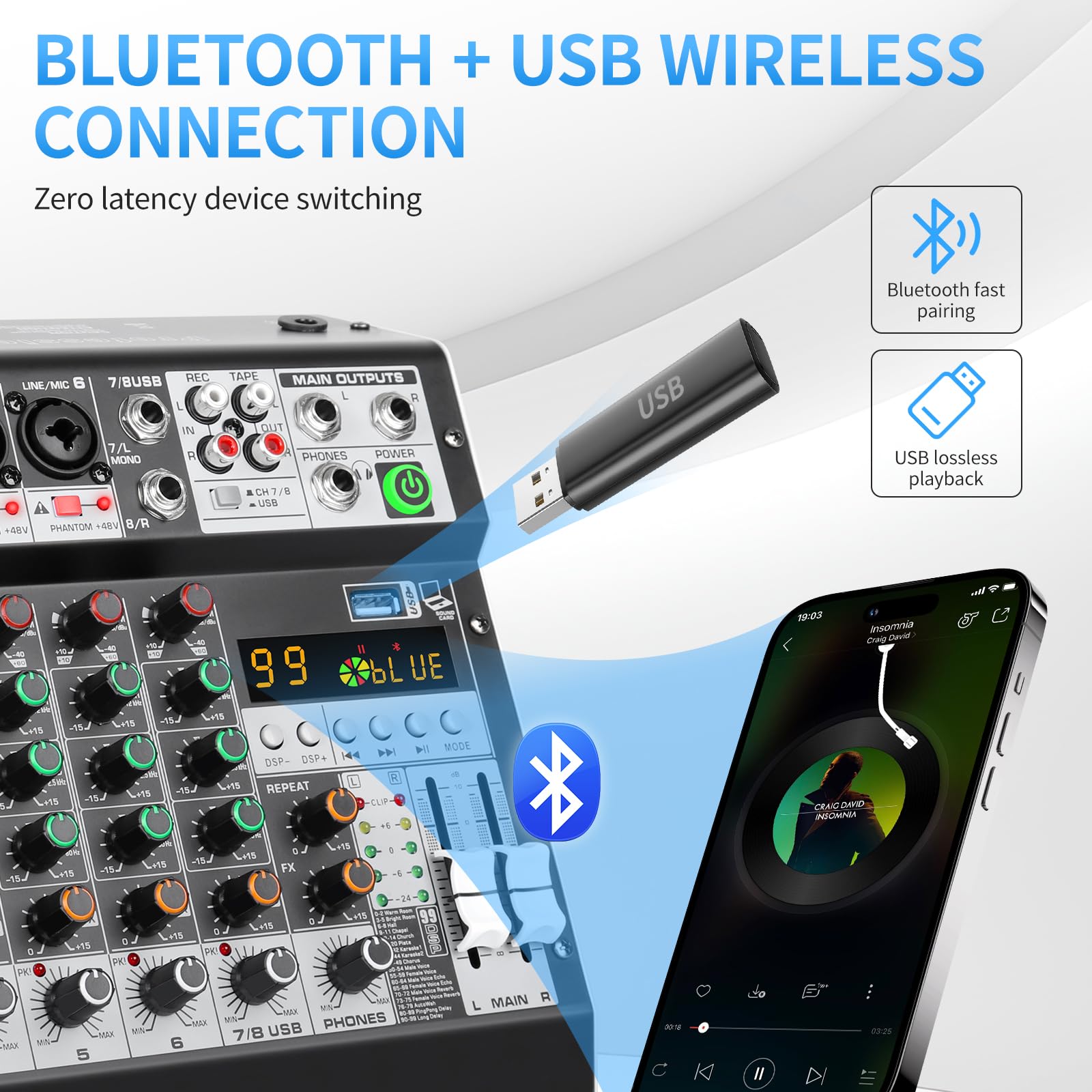 XTUGA Mezclador de audio de 8 canales de 8 m para podcasting, grabación, actuaciones, consola de mezcla de tablero de sonido DJ con 99 efectos DSP, alimentación fantasma de 48 V, Bluetooth