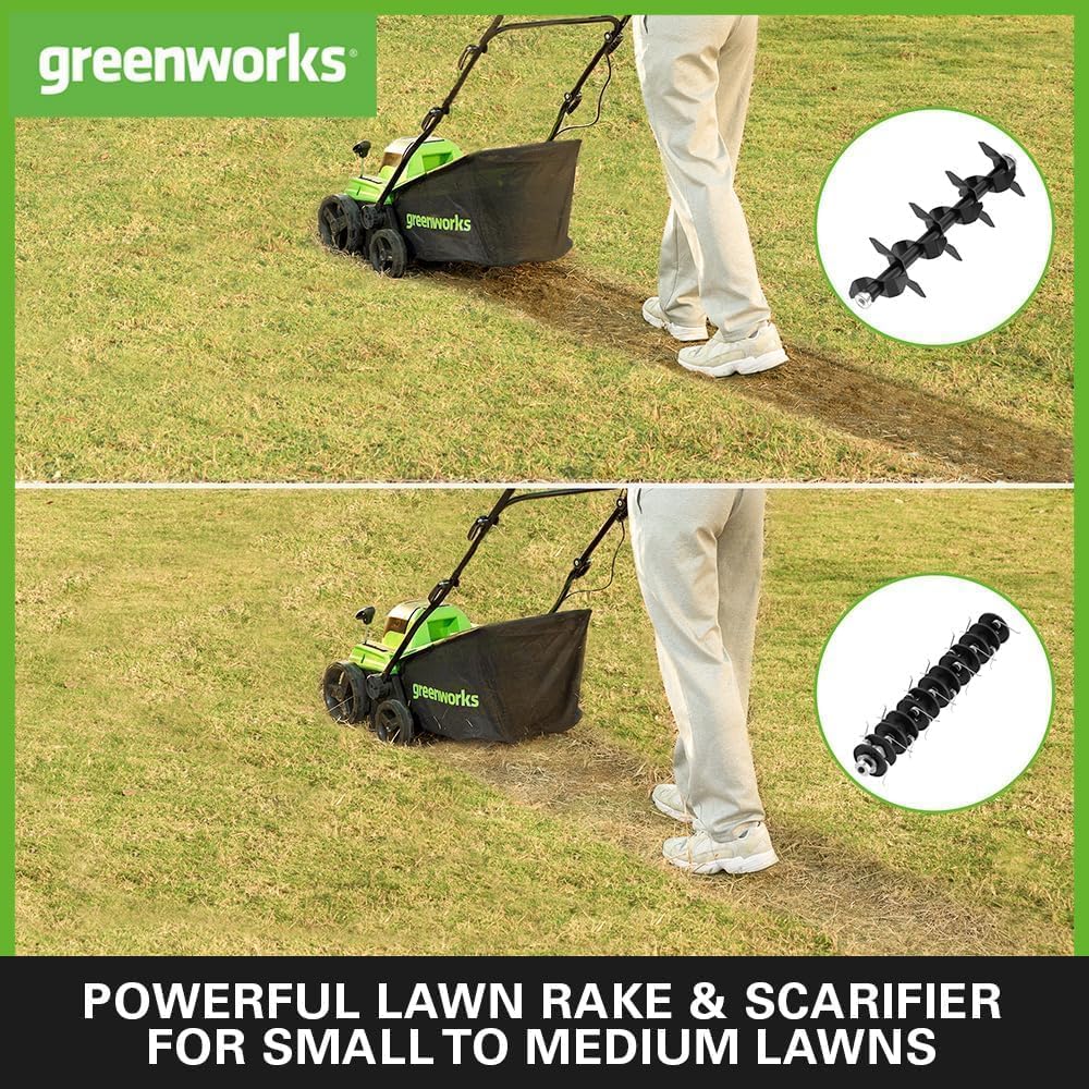 Greenworks 40V Râteau Scarificateur Aérateur Gazon sans Fil Moteur sans Balai, 3100 TR/Min, Largeur Travail 38 cm, 5 Profondeurs, Bac Ramassage 45L,5Ah Batterie ni Chargeur, Garantie 3 Ans