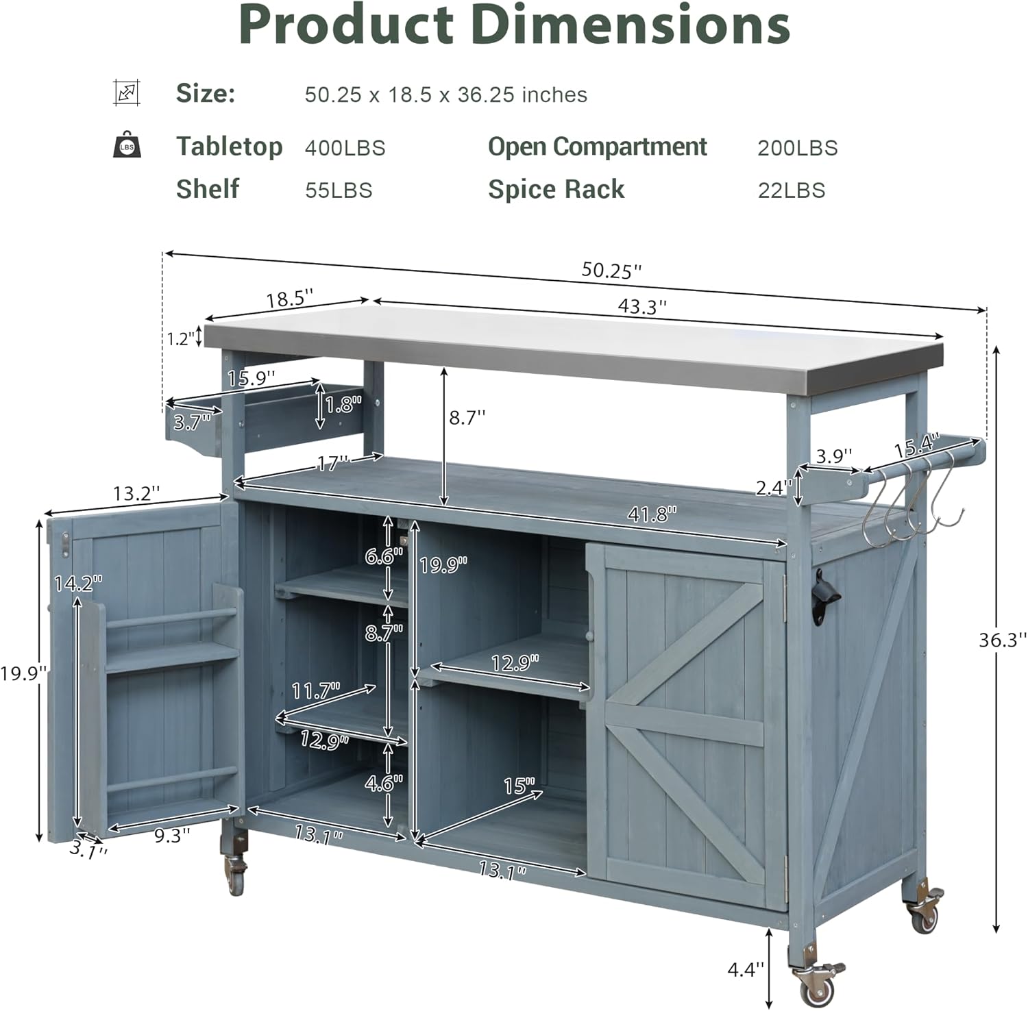 Outdoor Kitchen Island with Storage - Rolling Bar Cart with Wheels, Farmhouse Solid Wood Outdoor Grill Table with Stainless Steel Top, Spice Rack, Towel Rack for Kitchen & BBQ(Grey Blue)