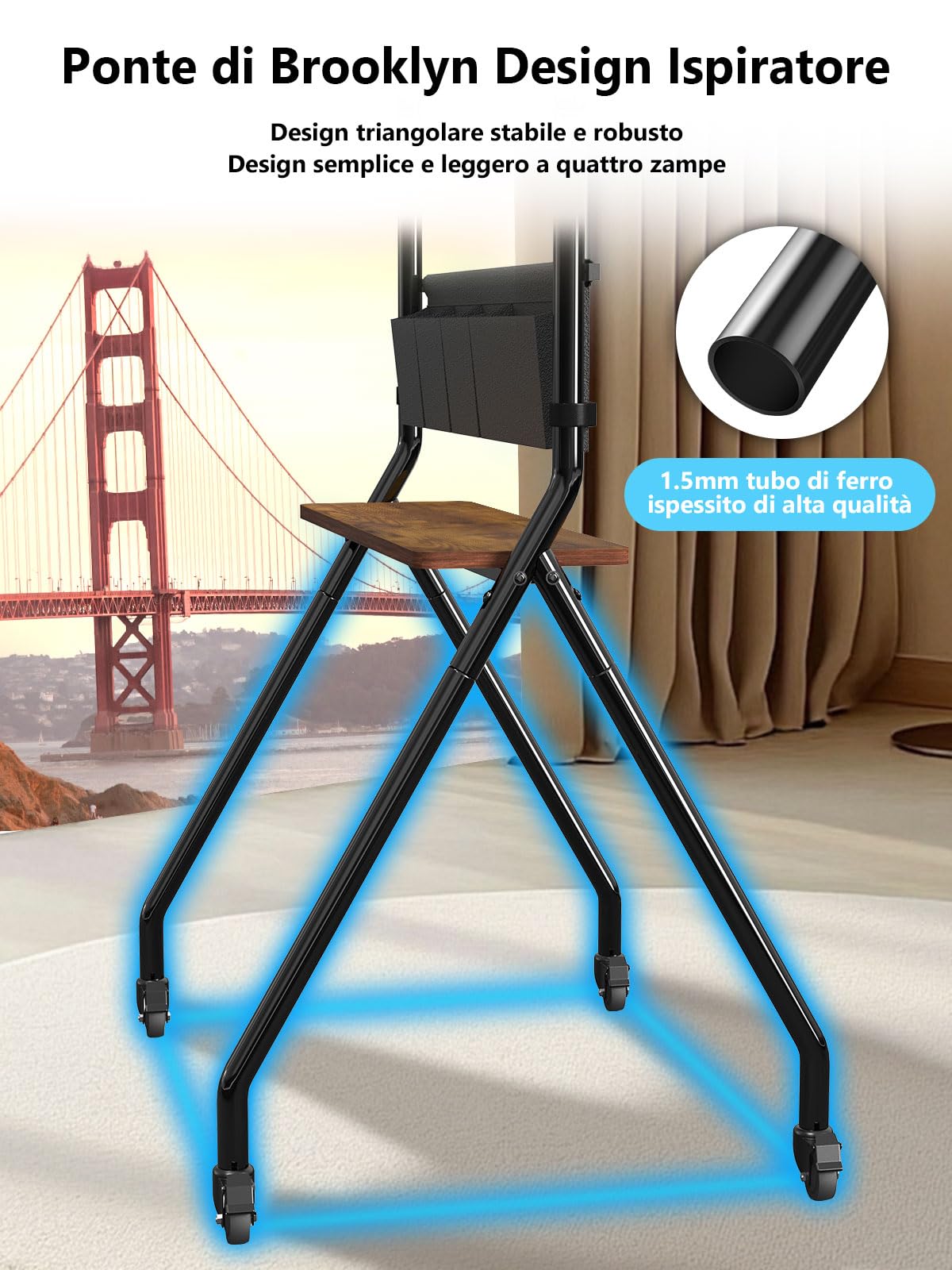 Mobile TV con borse portaoggetti, design estetico anti-collisione, carrello mobile per TV LCD/LED/OLED da 32 a 75 pollici, supporta fino a 99,8 kg, altezza regolabile con ruote silenziose bloccabili
