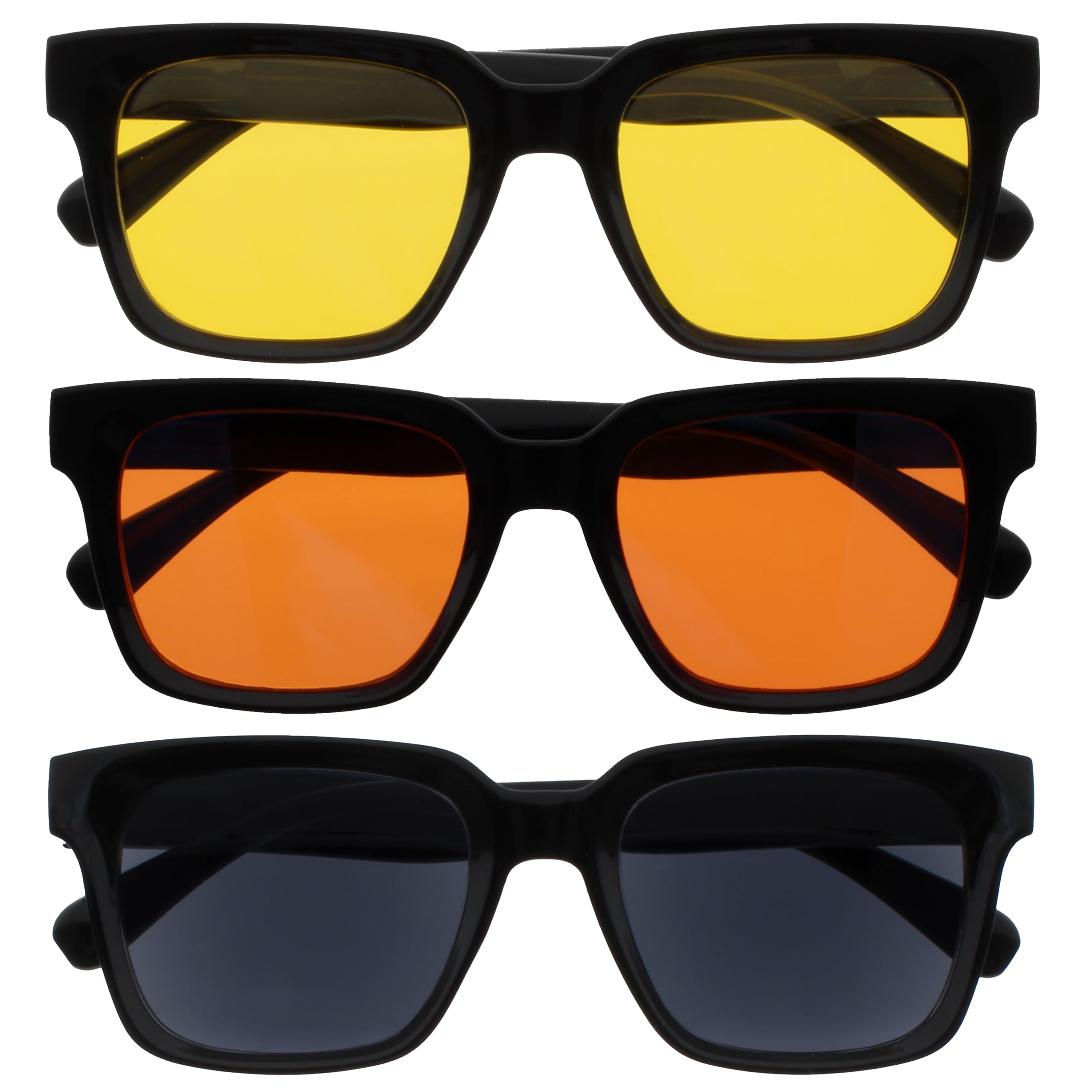 OPULIZE ERA Sunglasses for Women & Men- Yellow/Orange/Black Lens-Anti-Glare- Polarised Lenses UV400 Protection- Oversized Rectangular Frame- Spring Hinges- Black(Pack 3 of with 3 Pouches)