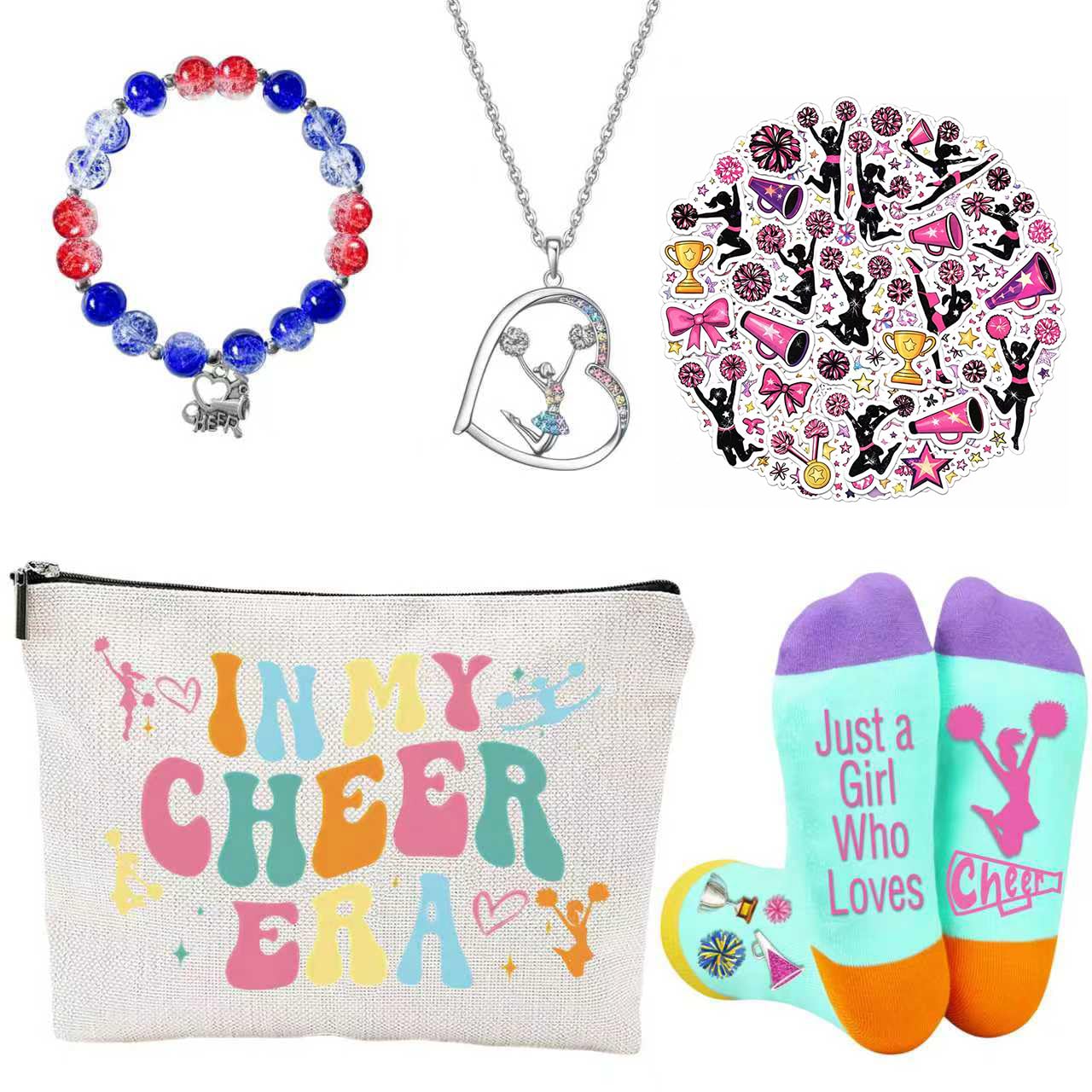 Flotreif Cheerleader Gifts Set Including Cheer Stuff Socks Makeup Bag Necklace Stickers Cheer Stuff-Cheerleader Lover