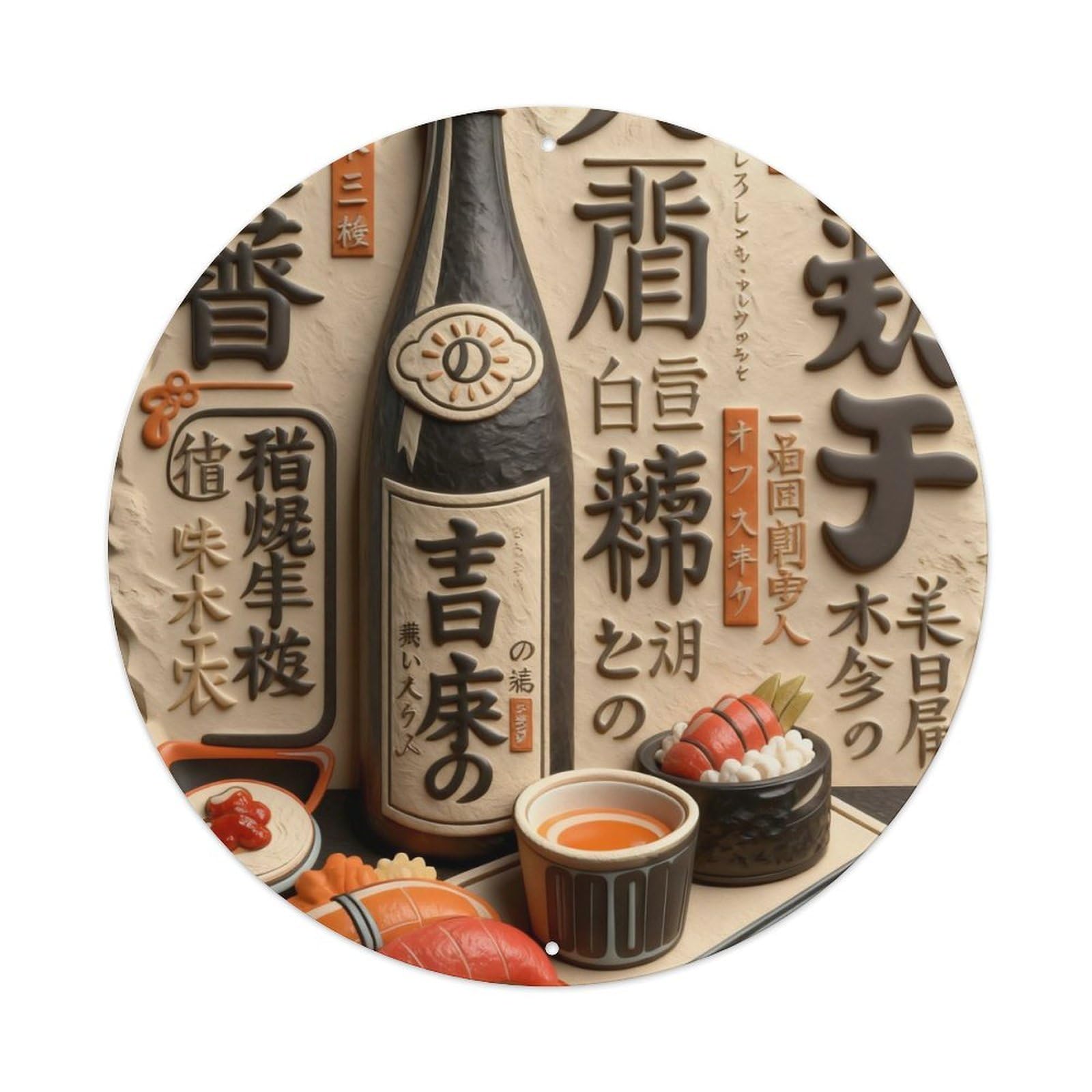 Sake Bottle Sushi Chopsticks Cup Round Metal Tin Sign Vintage Wall Decor, Bar Garage Cafe Kitchen Home Wall Art Poster 8x8inches