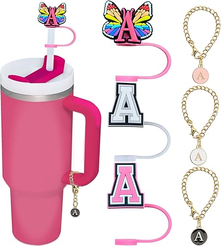 (3+3) 3 tapas de paja para vaso Stanley Cup de 30 y 40 onzas, cubierta de paja Stanley con 3 cadenas de dijes de letras, accesorios de copa Stanley