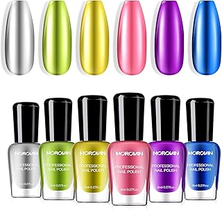 Morovan Metallic Chrome Mirror Quick Air Dry Nail Polish Set: Gold, Silver, Purple - 6 Colors, No UV Curing, Long Lasting, Safe & Healthy, Perfect for DIY Manicure