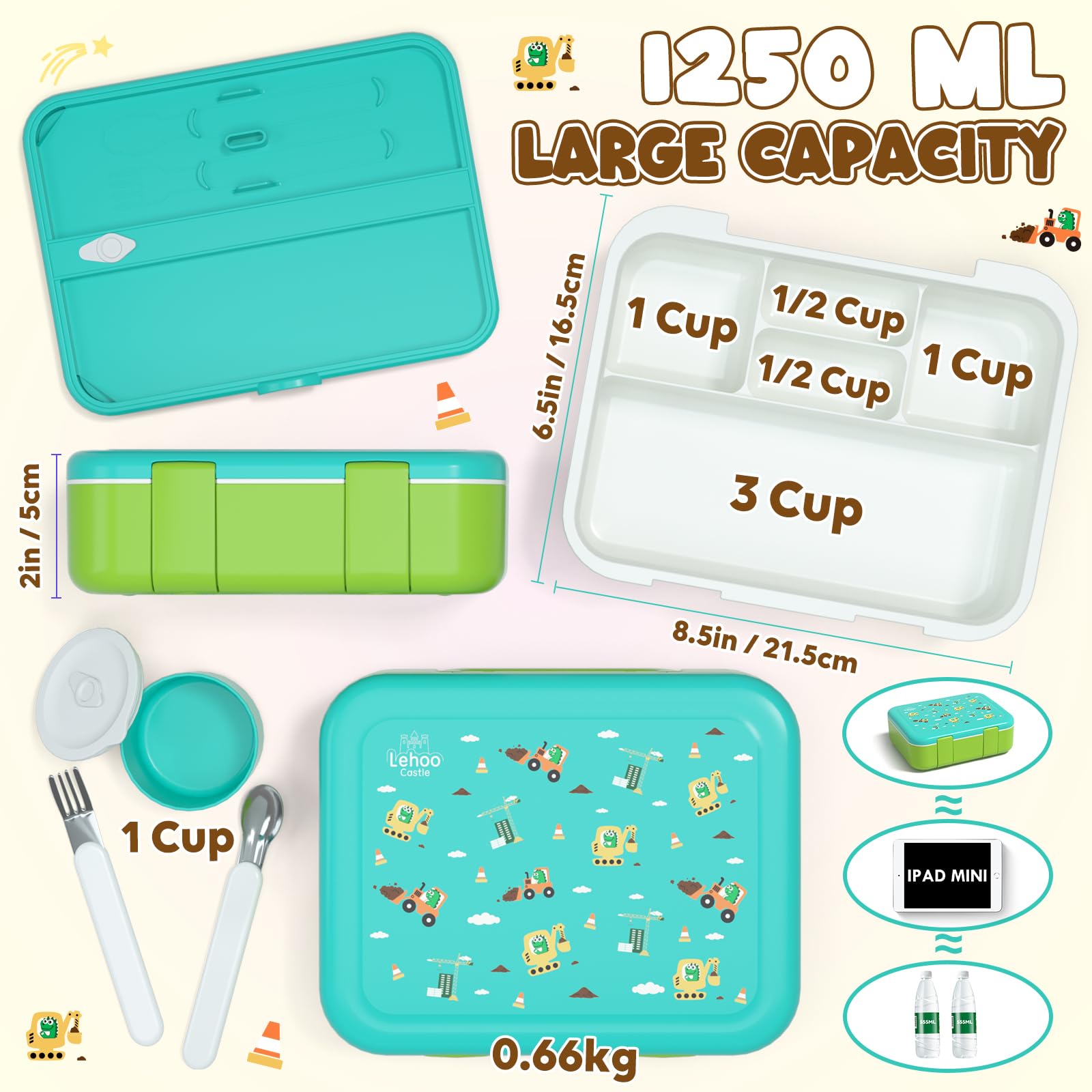 Lehoo Castle Bento Lunch Box for Kids 1250ml Girls Lunchbox with 5 Compartments, Toddler Lunch Containers with Spoon&Fork - Image 2