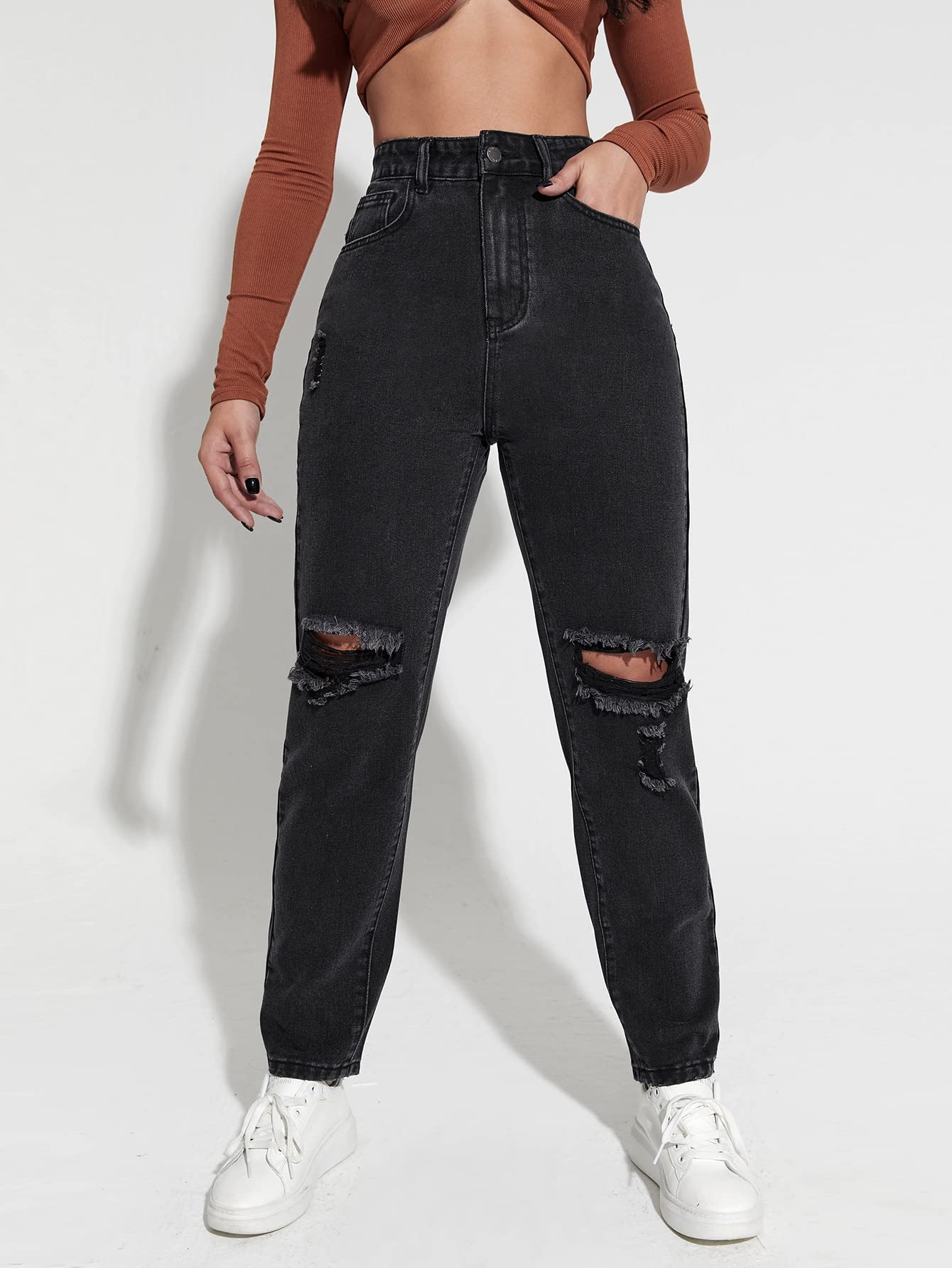 Amazon.com: Jeans for Women High Waist Ripped Mom Jeans Jeans for Women  (Color : Black, Size : Medium) : Clothing, Shoes \u0026 Jewelry