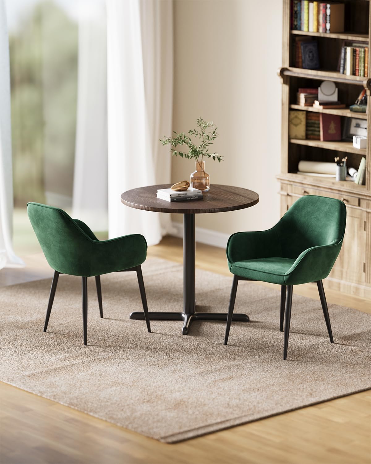 ELUCHANG Silla de Comedor Tapizada Terciopelo con Reposabrazos Pack 4, Ergonómica para Cocina, Dormitorio, Sala, Carga 150kg, Patas de Metal Estable, Verde