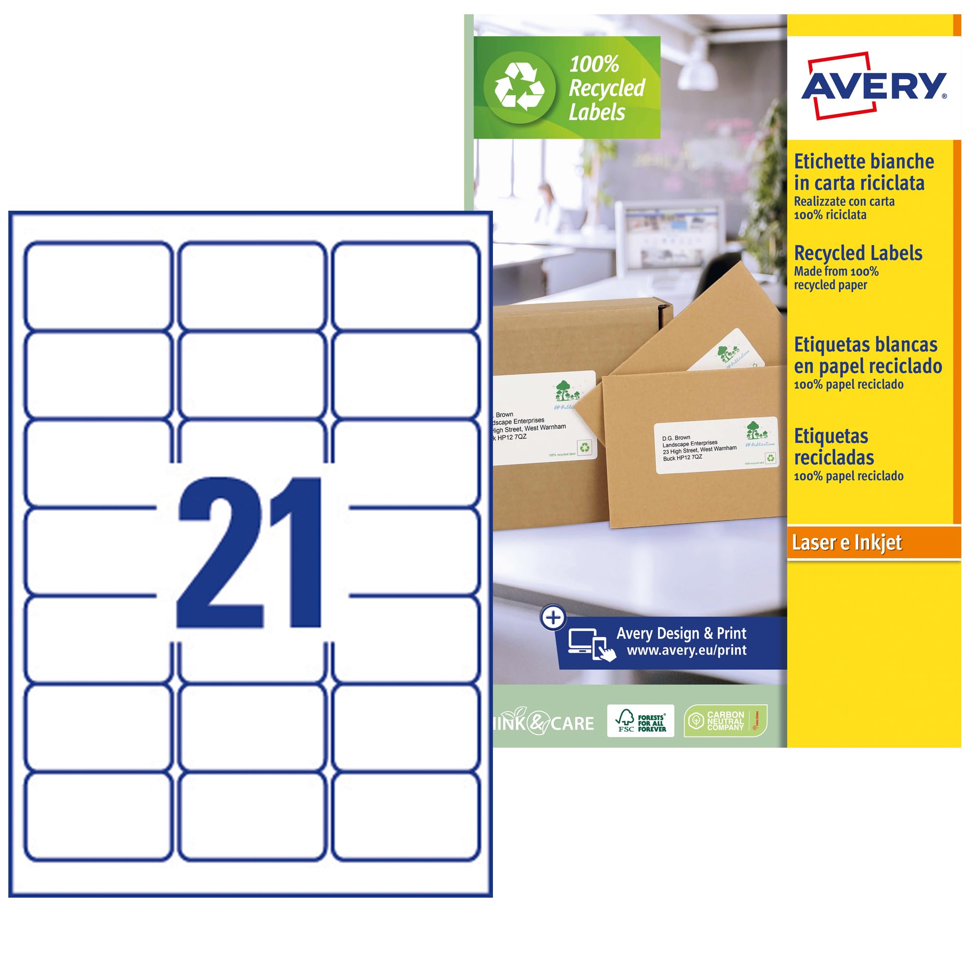 Avery España LR7160-15 Recycled White Adhesive Labels 315 Labels, 63.5x38.1mm din A4, Box 15sheets