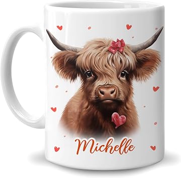 Hyturtle Personalized Gifts Highland Cow Lover - Highland Cow Love Hearts Custom Name Ceramic Coffee Mug Cup 11oz - Farm Animal Lovers Gifts For Women, Girlfriend On Birthday, Christmas, Valentine