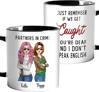 Personalized Bestie Coffee Mug Custom Name Partners in Crime Ceramic Drinking Cup 11oz 15oz Gifts for Besties Best Friend Forever Bff Christmas