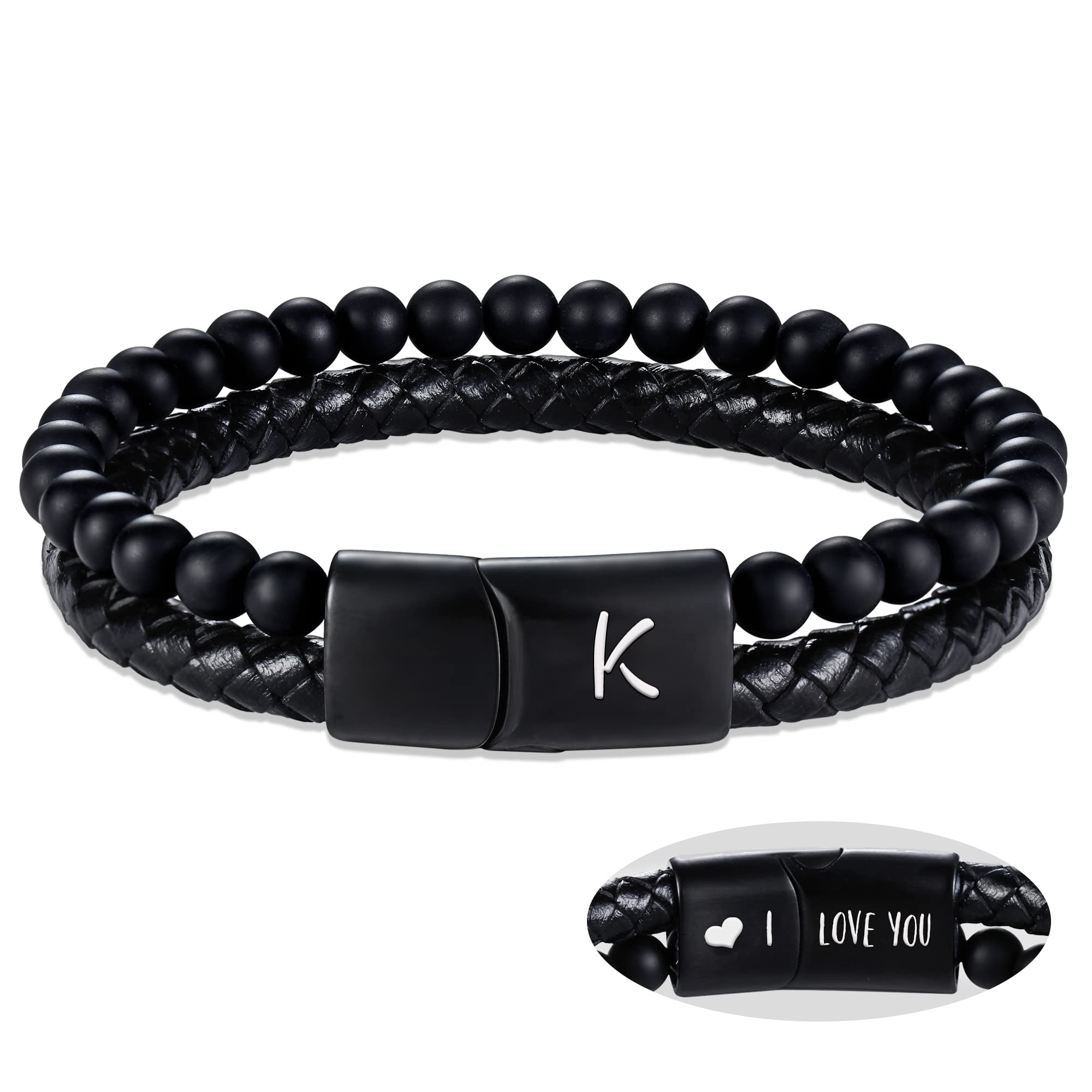 Leather Bracelet for Men Valentines Day Gifts for Teens Initial Bracelet Easter Basket Stuffers Letter A-Z Beaded Bracelets