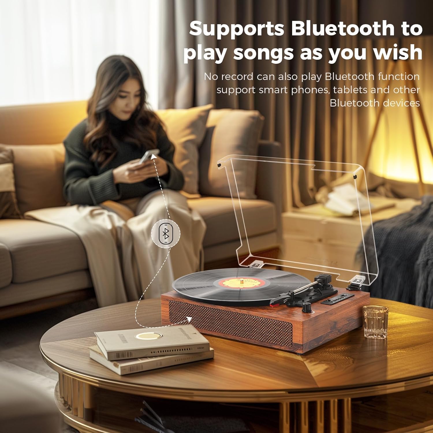 Vinyl Record Player with Built-in Bluetooth, USB Recording, Stereo Speakers, Belt-Driven Vintage Record Player 3 Speeds & 3 Sizes, Portable, AUX Input LP Player - Image 2