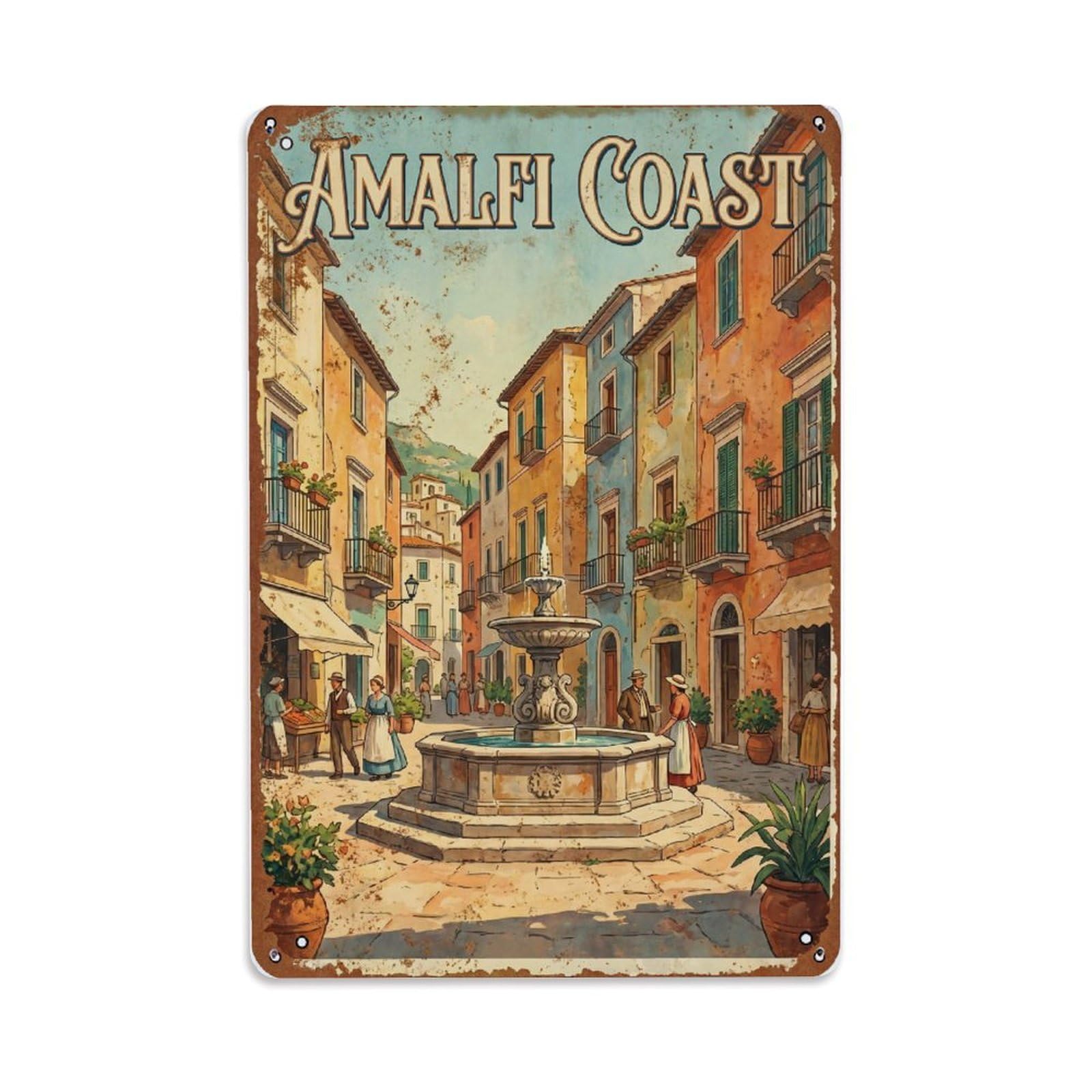 Vintage Travel Piazza Italy Village Metal Tin Sign Plaque Wall Decor for Cafe, Club Bar, Office, Home Garden Metal Poster 8x12Inch