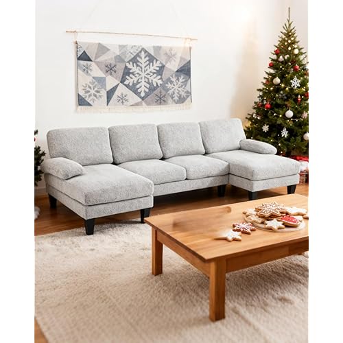Karl home 110" Sectional Couches for Living Room U-Shape Sofa with Chenille Upholstery 4 Seat Sofa Set with Double Chaises & Wood Grain Legs for Apartment, Light Gray