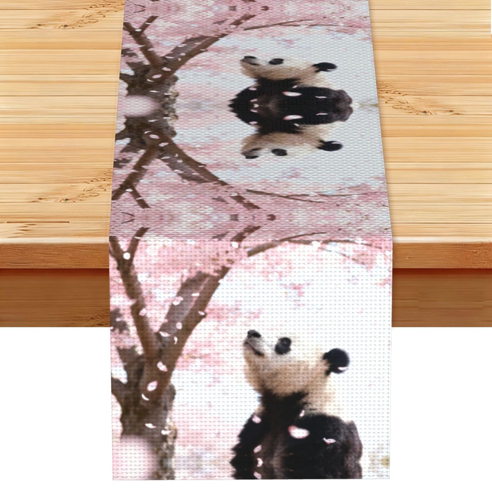 Panda Cherry Blossom Linen Look Table Runner 13x72-Wrinkle Resistant Farmhouse Style for Dining Table Decor