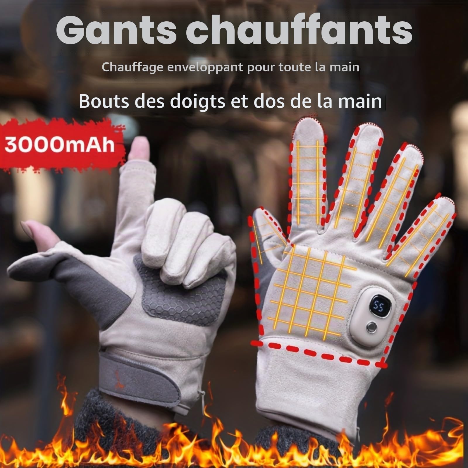 Gants chauffants électriques rechargeables avec batterie de 3000 mAh – 5 réglages de température – Gants chauffants sans doigts pour les activités de plein air, lavables en machine, taille universelle