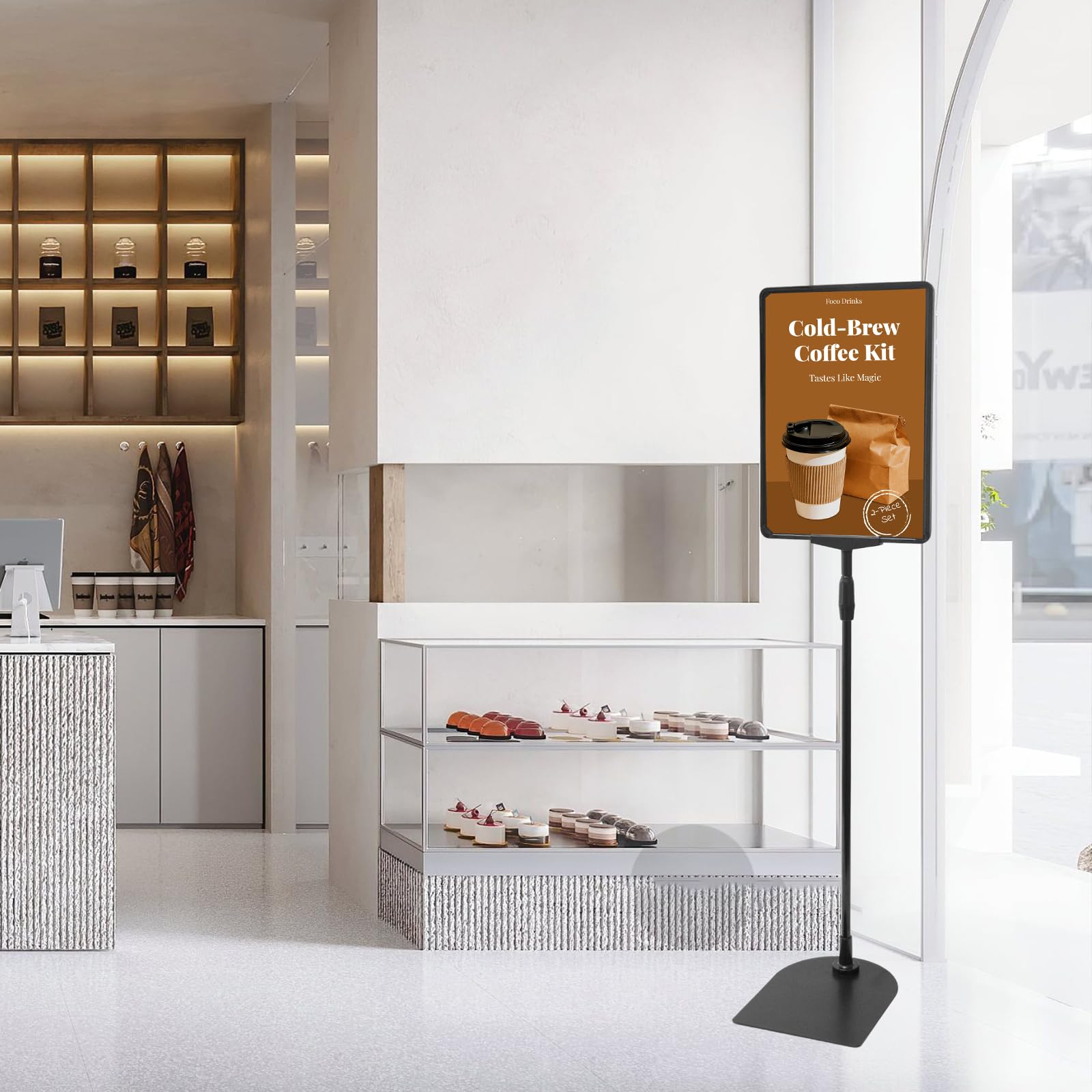 JAOGAUS Set da 6 porta poster A4, espositore regolabile 60-100 cm con base stabile da pavimento, supporto in metallo per menu ristorante, porta menu da tavolo, leggio, bacheca sughero e cavalletto