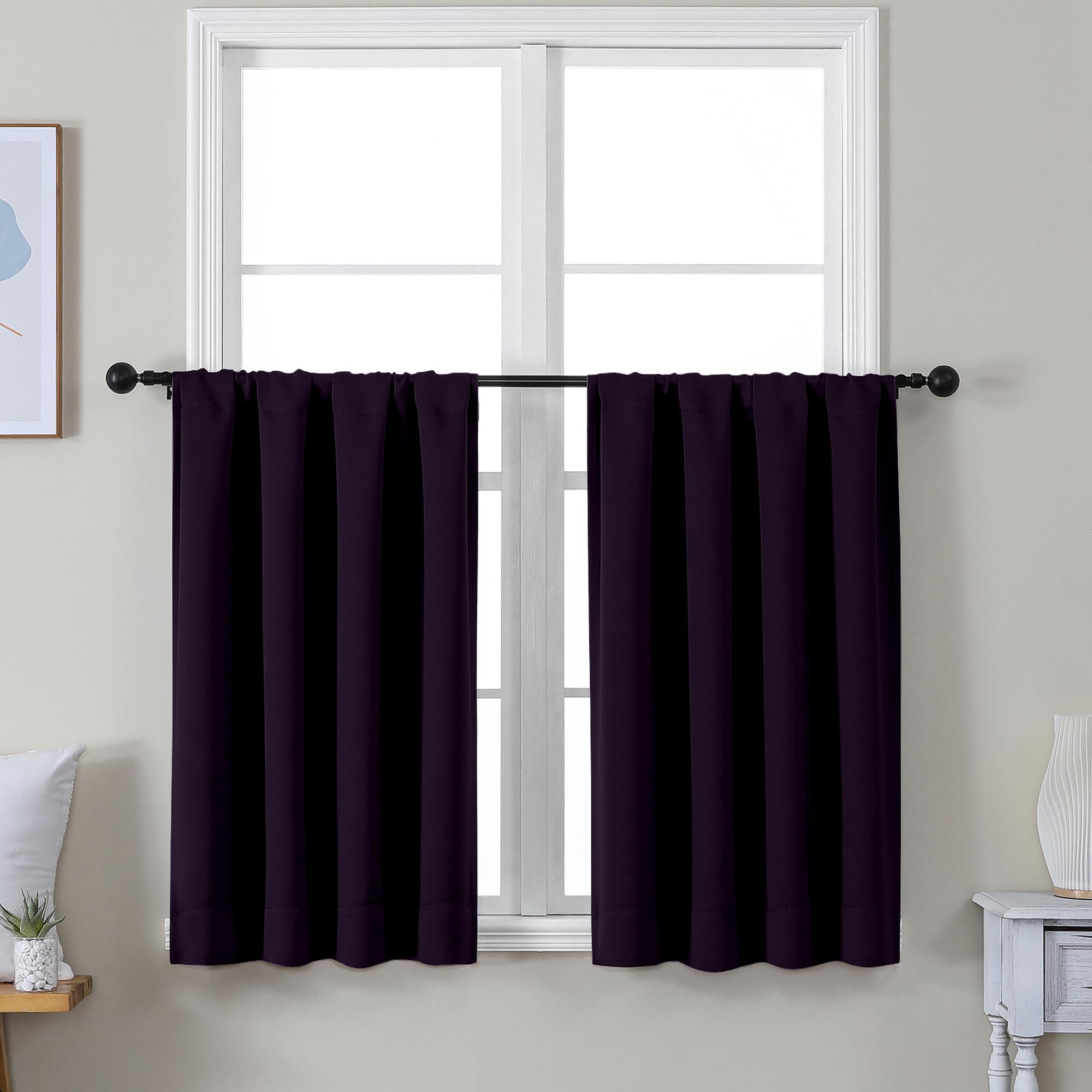 Simplebrand Ava BlackBerry Short 36 Inches Blackout Curtain 2 Panels Set, Half Window Rod Pocket Privacy Curtain Tiers for Kitchen, Curtains Blackout for Bathroom Shades, W40 x L36 Inch, BlackBerry — image 1