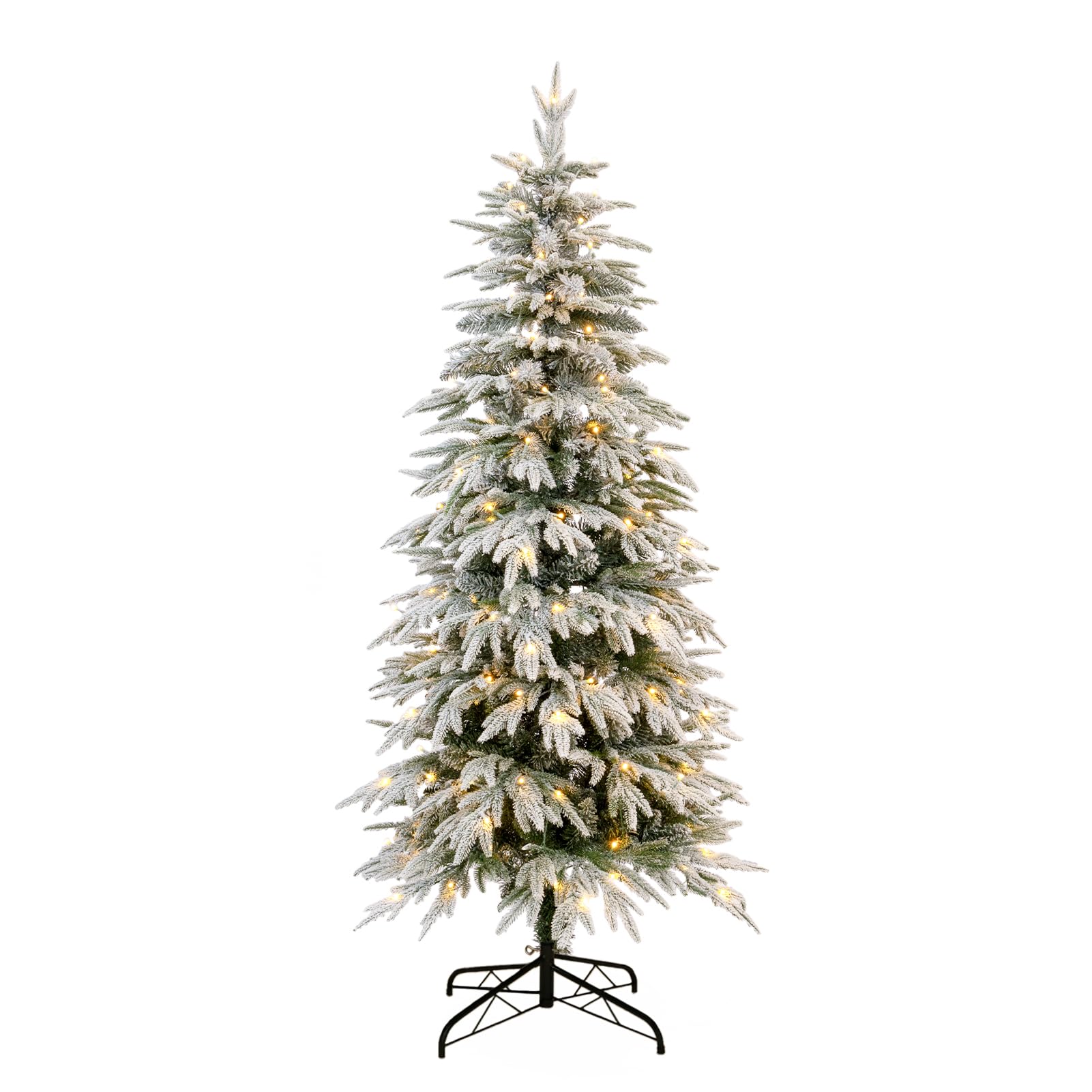6ft Slim Flocked Christmas Tree Pre-lit w/ 398 Premium PE&PVC Tips, 160 Warm White LED Lights, Skinny Noble Artificial Christmas Tree Easy Assembly for Home, Corner, Narrow Place