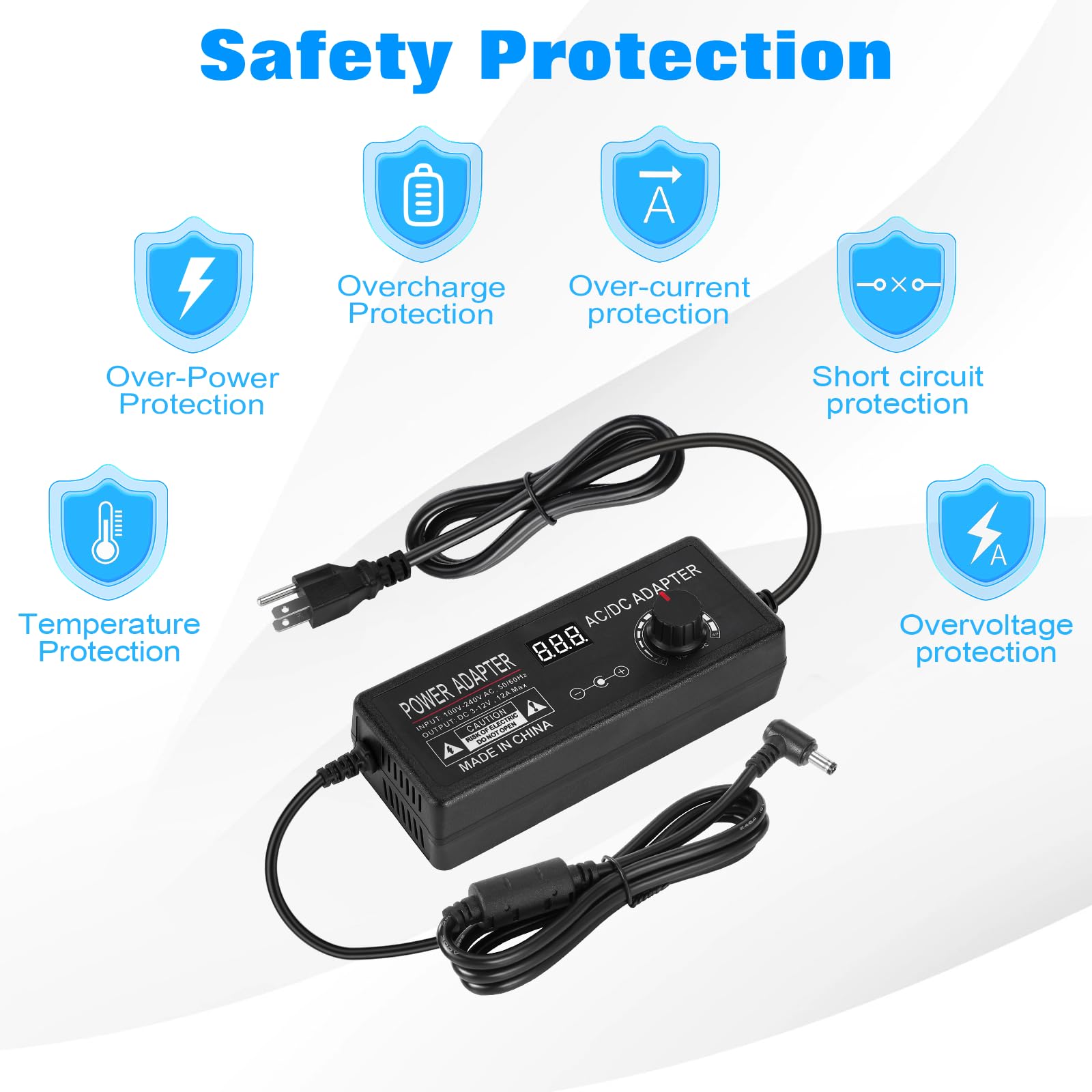 Fuente de alimentación universal de 3 V ~ 12 V 12 A 144 W ajustable variable 3 V 5 V 6 V 9 V 12 V, convertidor de CA a CC de 100 V-240 V con 14 puntas, convertidor de polaridad
