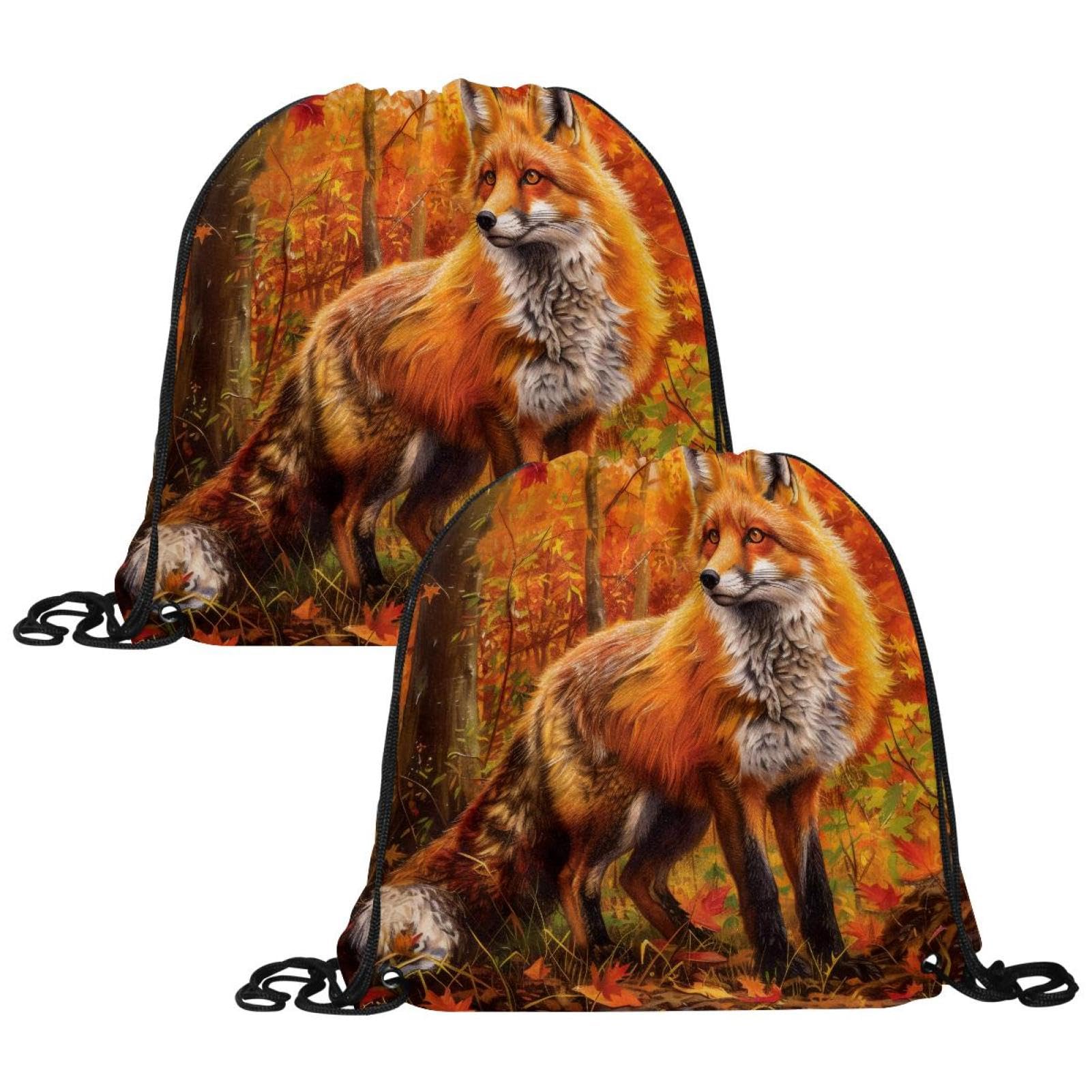 Luoweisi Unisex Kids Multicolor 2 2 Pack Drawstring Bags, Autumn Forest Fox Pe Bags Drawstring Gym Bag String Swimming Sports Bag For School Sports Swimming Gym Travel, Beach