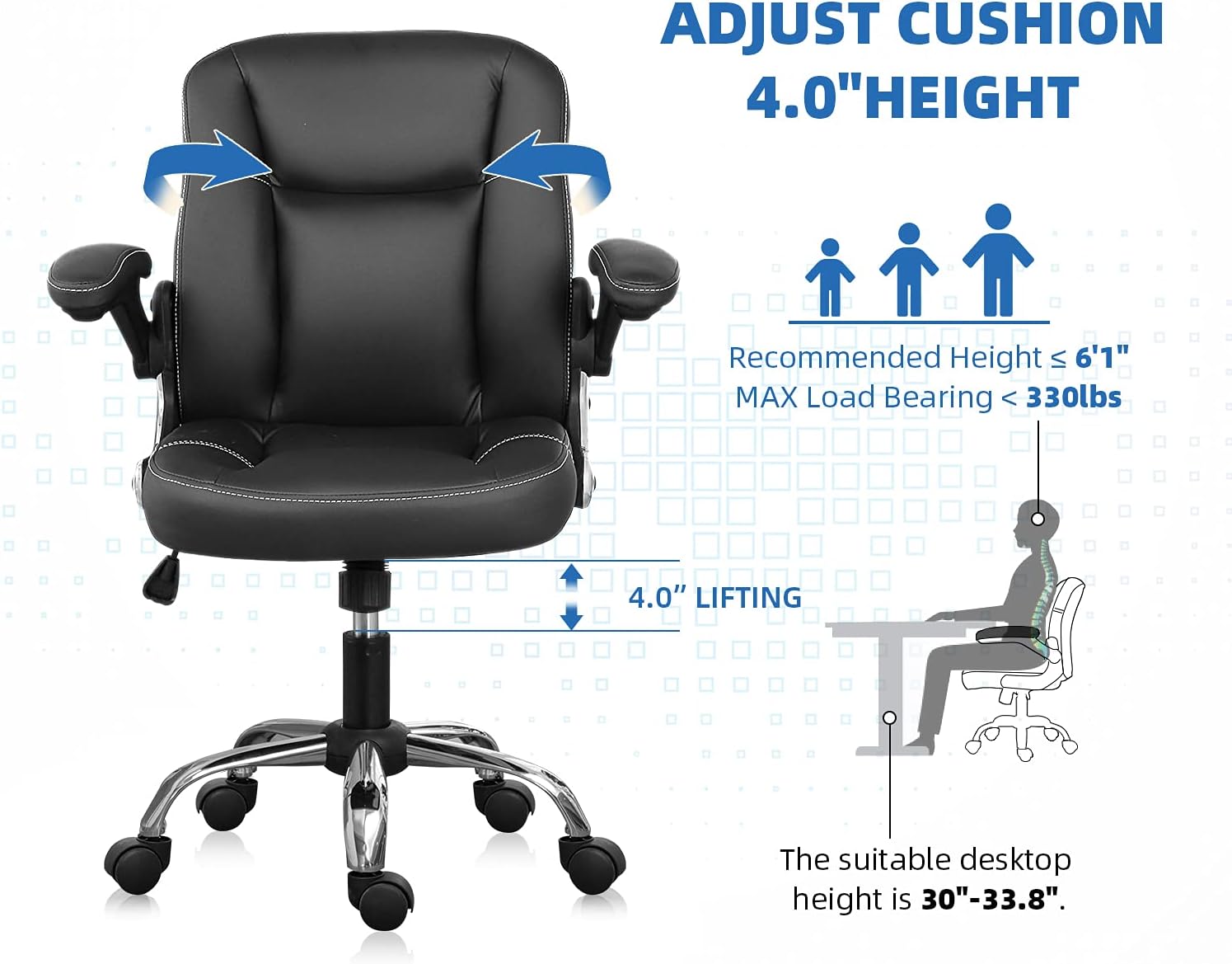 B2C2B Ergonomic Executive Home Office Desk Chairs for Adults,Comfy PU Leather Computer Chairs,Mid-Back Rolling Task Chair with Flip-up Arms and Wheels,Swivel,Black : Home & Kitchen