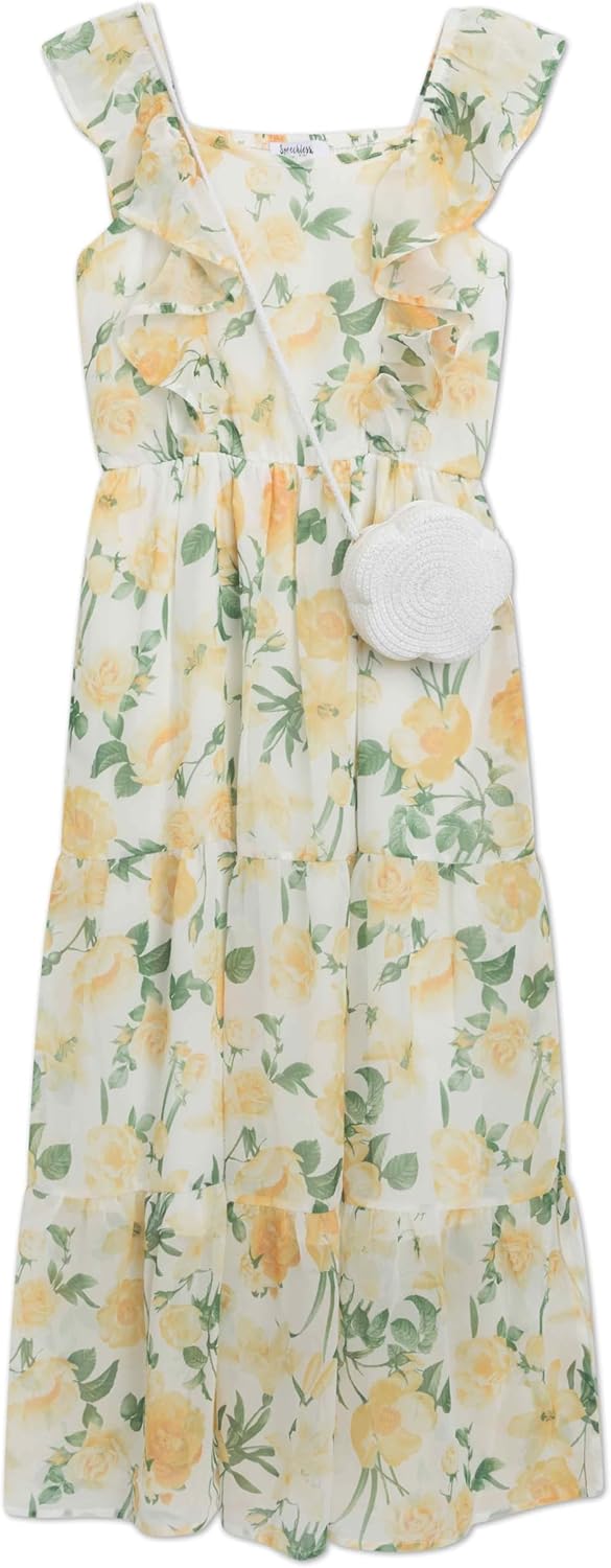Speechless Girls' Sleeveless Floral Print Chiffon Ruffle Strap Tiered Maxi Dress with Purse