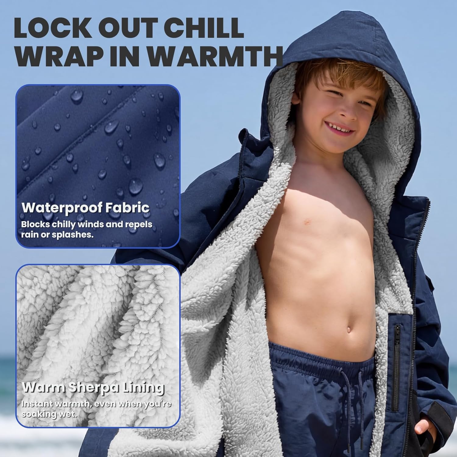 Owntop Swim Parka Kids Adult | Waterproof & Sherpa Lining | Velcro Arm Patch | Oversized Hooded Surf Poncho Changing Robe - Image 6