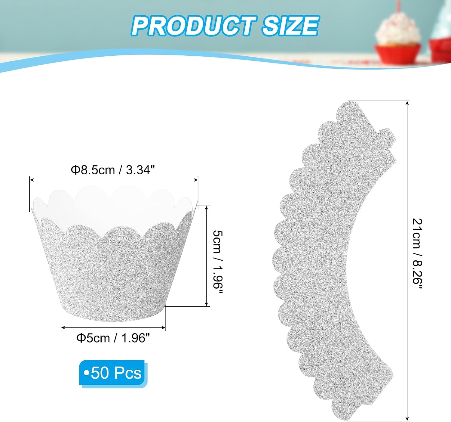 PATIKIL Cupcake Wrappers Paper, 50 Pack Baking Cups Standard Wave Decoration for Anniversary Birthday Weddings and Parties, Light Silver image 2