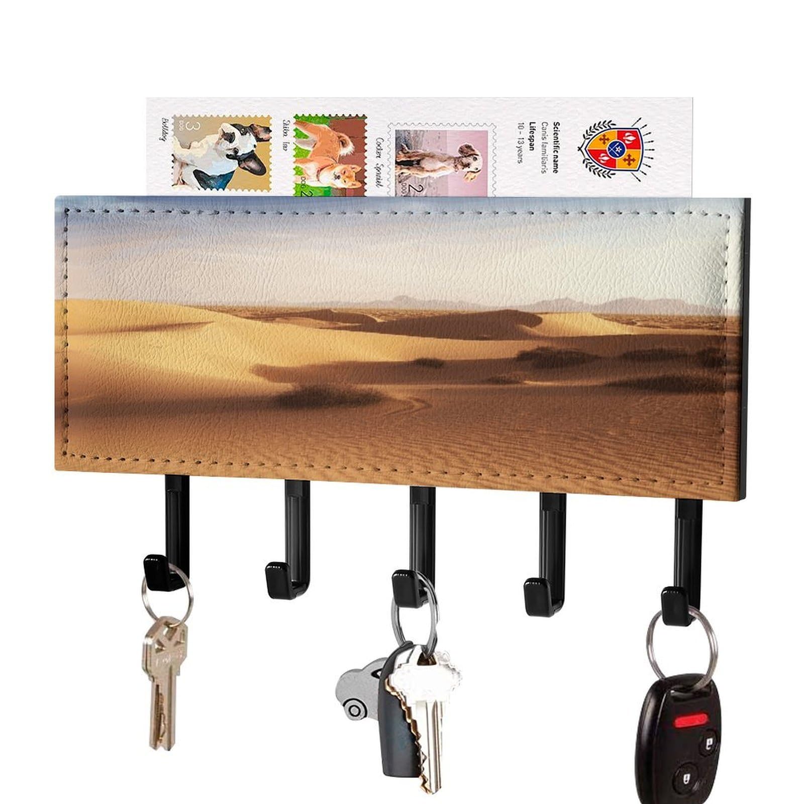 Fekiloot Black-Style Desert Landscape Key Holder Wall Mount Key And Mail Holder Key Hanger With 5 Hooks Decorative Pu Key Rack Hanging Key Hooks For Wall Living Room Kitchen Bathroom Hallway