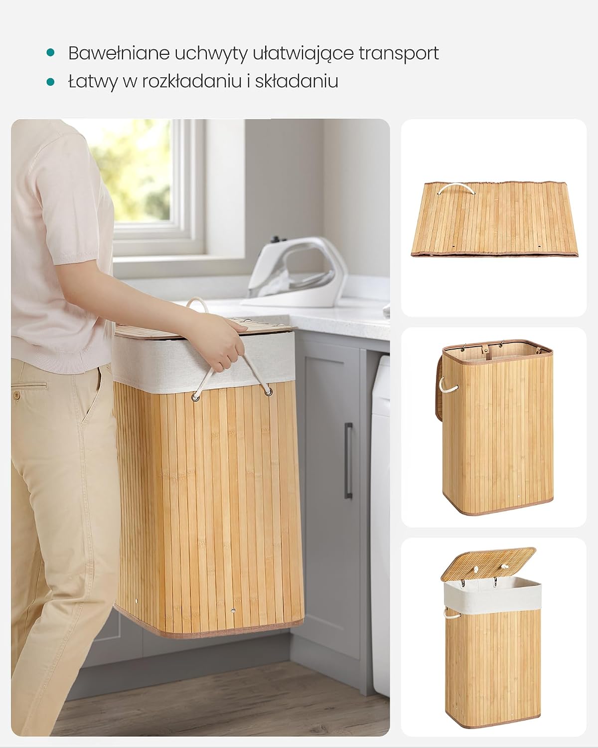 SONGMICS Bambusowy kosz na pranie, składany pojemnik na pranie z pokrywą i zdejmowanym bawełnianym workiem, 72 L, 40 x 30 x 60 cm, Naturalny LCB10Y