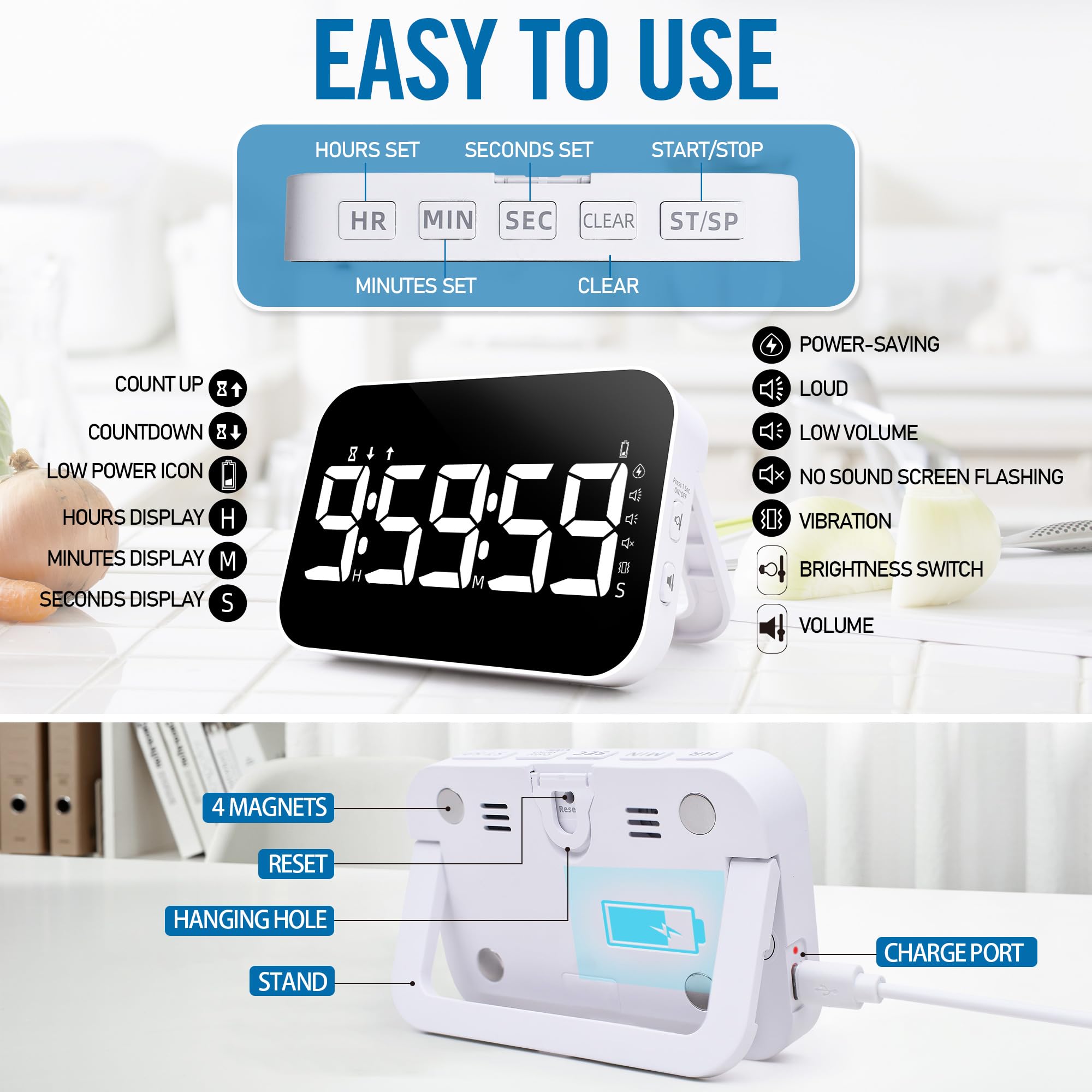 Küchentimer zum Kochen, 10 RGB-Farbwechsel, digitaler magnetischer Timer, Countdown/Up, wiederaufladbar, 3 Helligkeitsanzeige, 3 Lautstärkestufen und Vibrationsmodus, für Klassenzimmer, Studium,
