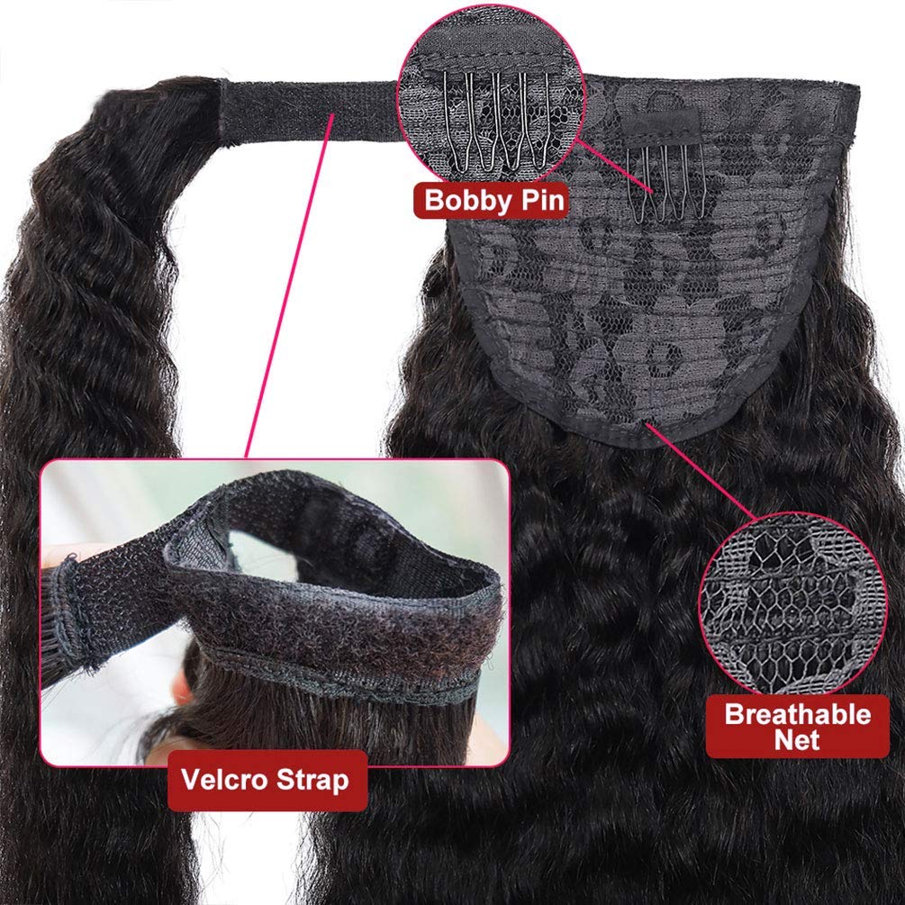 Ponytail Extension Human Hair Long Kinky Straight Magic Paste Ponytail 100% Human Hair Real Remy Hair Ponytail Extension for Black Women Natural Black Pony Tails Hair Extensions for Women 14 Inch