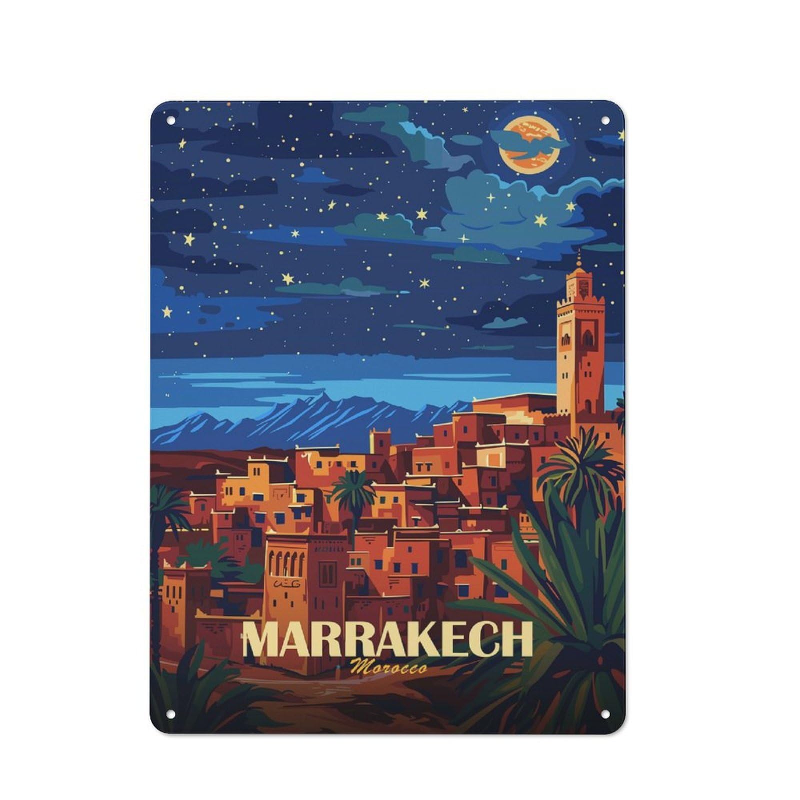 Junmoney Style-2 Vintage Marrakech Morocco Night Travel Metal Wall Art Sign 40X30cm, Old Style Wall Plaque For Bedroom, Office, Home Bar Or Dining Room