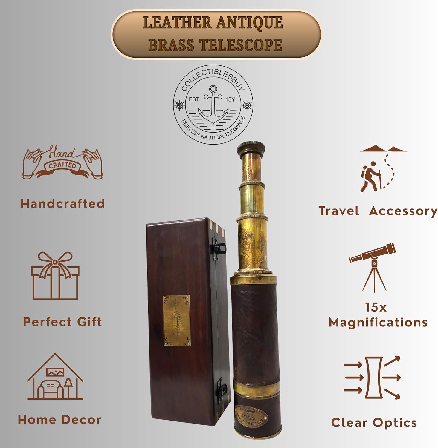 Antique Brass Leather Telescope Kelvin & Hughes London 1917 Spyglass Vintage Nautical Handheld Scope with Wooden Box Pirate Decor & Collectible Gift