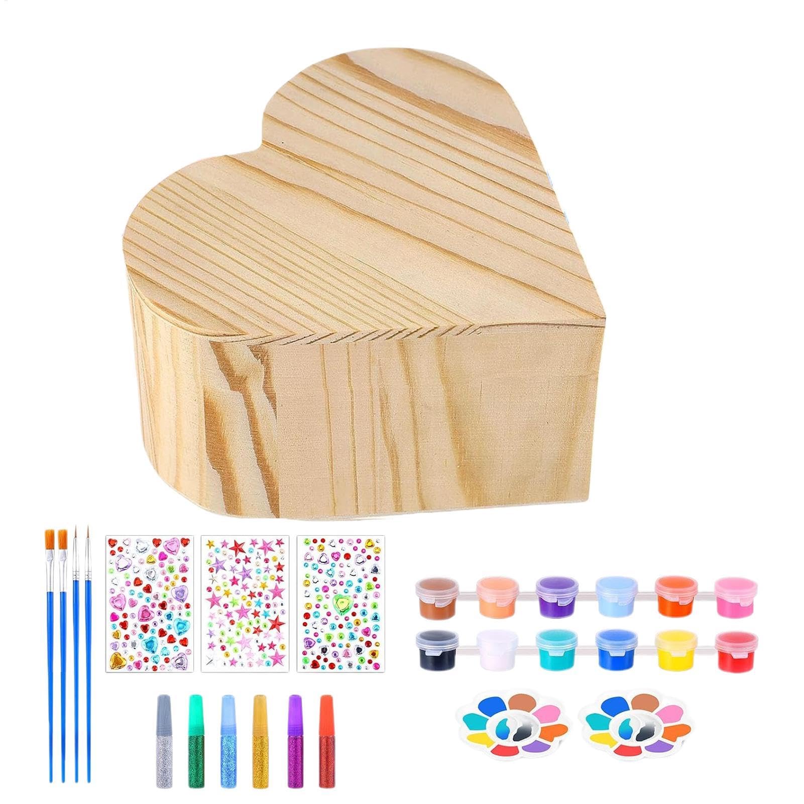Pinta tu propio joyero – Artesanía de madera | Cofre pintable con diseño de caja del tesoro de corazón, actividad de artes y manualidades para niños de 3 a 12 años, almacenamiento de joyas
