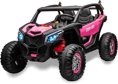 Two Seater 24V Kids Ride on UTV Car, Hetoy 4WD 300W Motors Powerful Electric Vehicle w/Remote Control, 4 Shock Absorbers, Leather Seats, Music and Lights, Electric Car for Kids, Rose-Pink