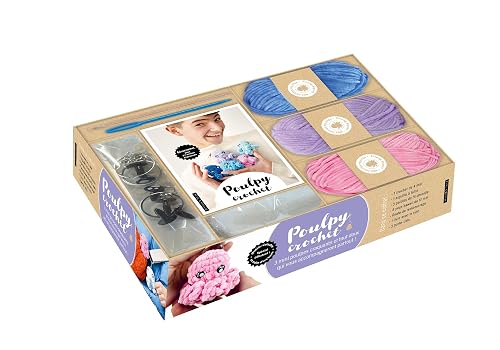 Poulpy crochet: Coffret avec 3 pelottes, de la ouate, 1 aiguille, 1 crochet, 6 yeux, 3 porte-clés et 1 livre