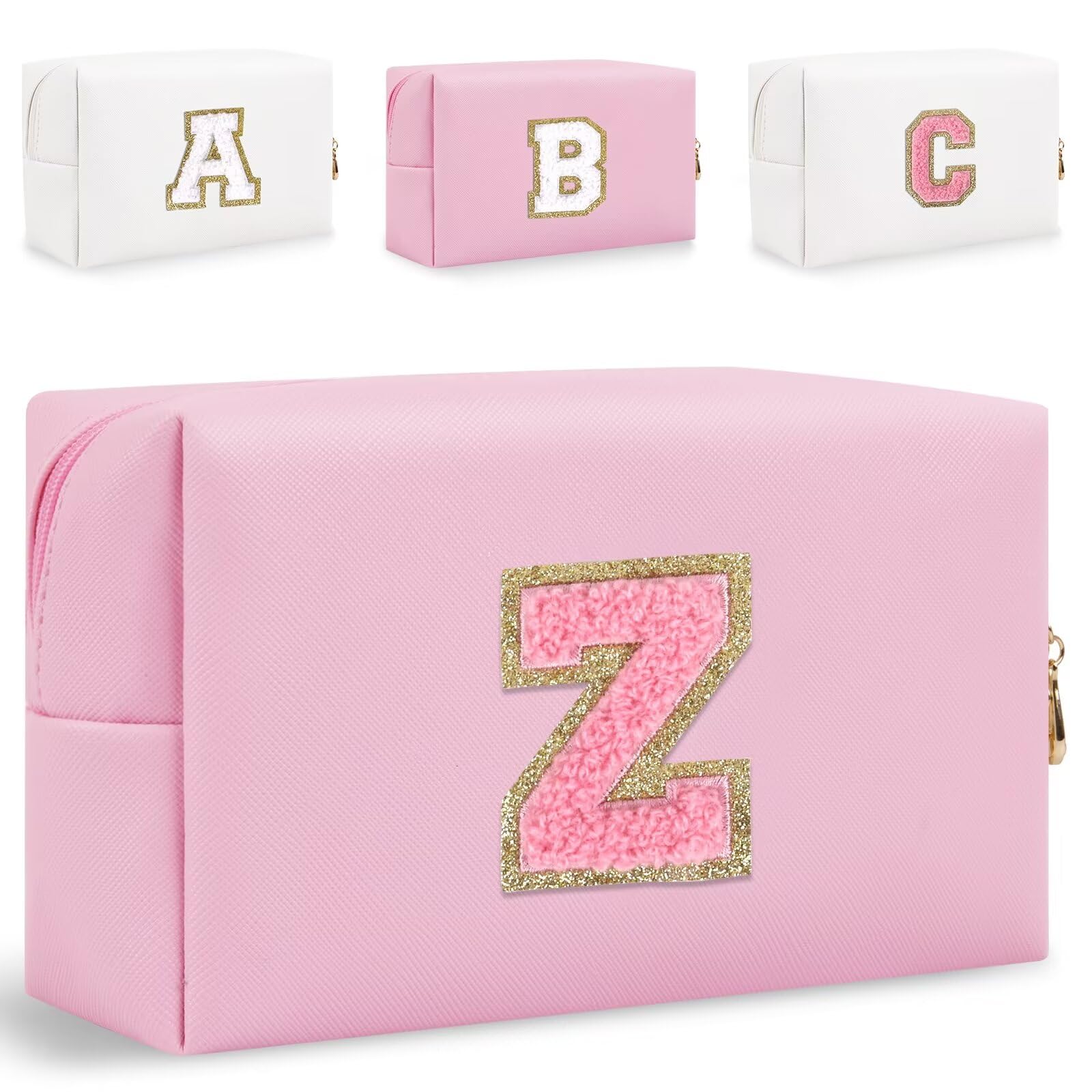 Small Personalized Glitter Initial Letter Makeup Bag, Cute PU Leather Chenille Letters Cosmetic Bag Travel Makeup Pouch, Preppy Travel Organizer